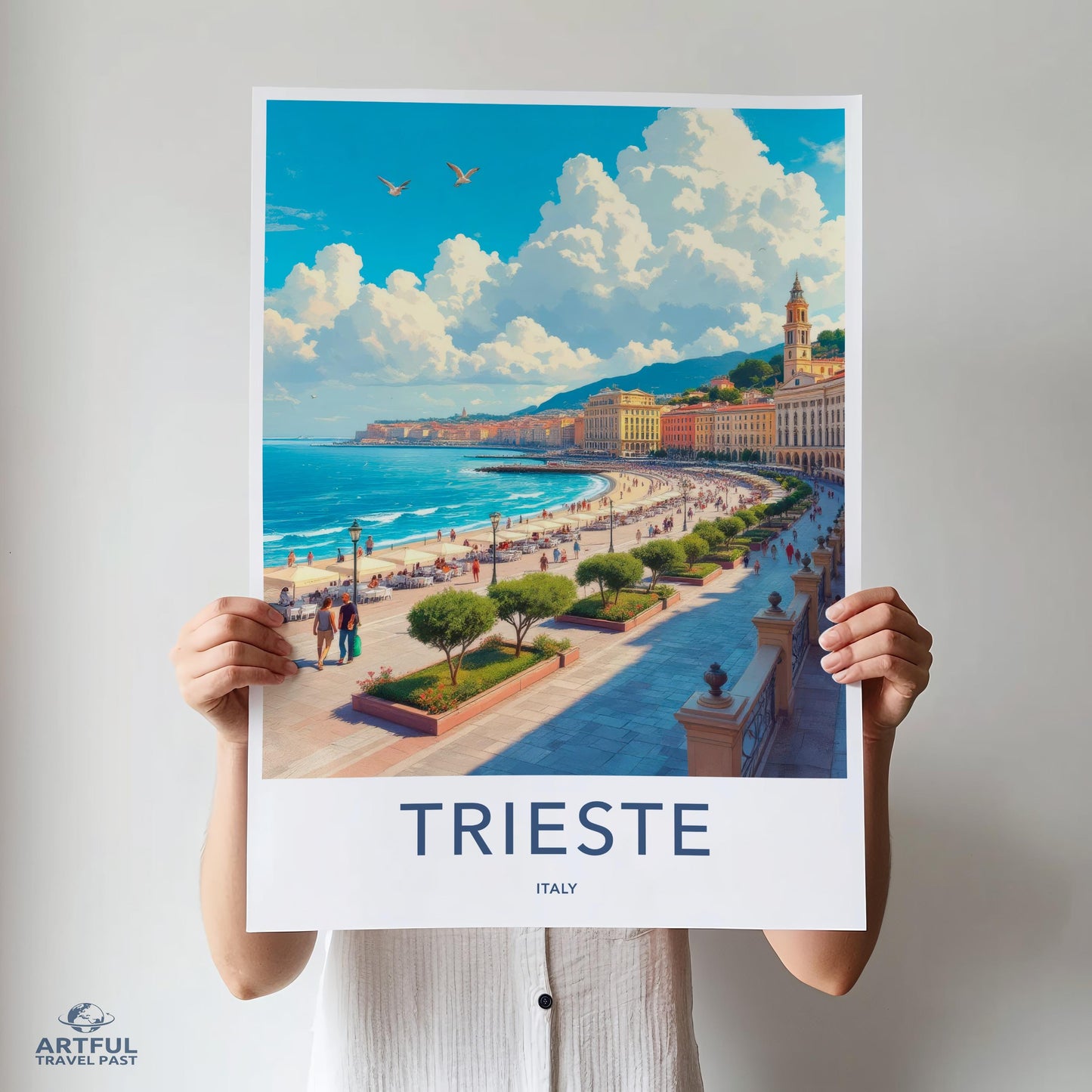 Trieste Italy travel poster, coastal city wall art, Italian Riviera print, Mediterranean landscape decor, vacation souvenir