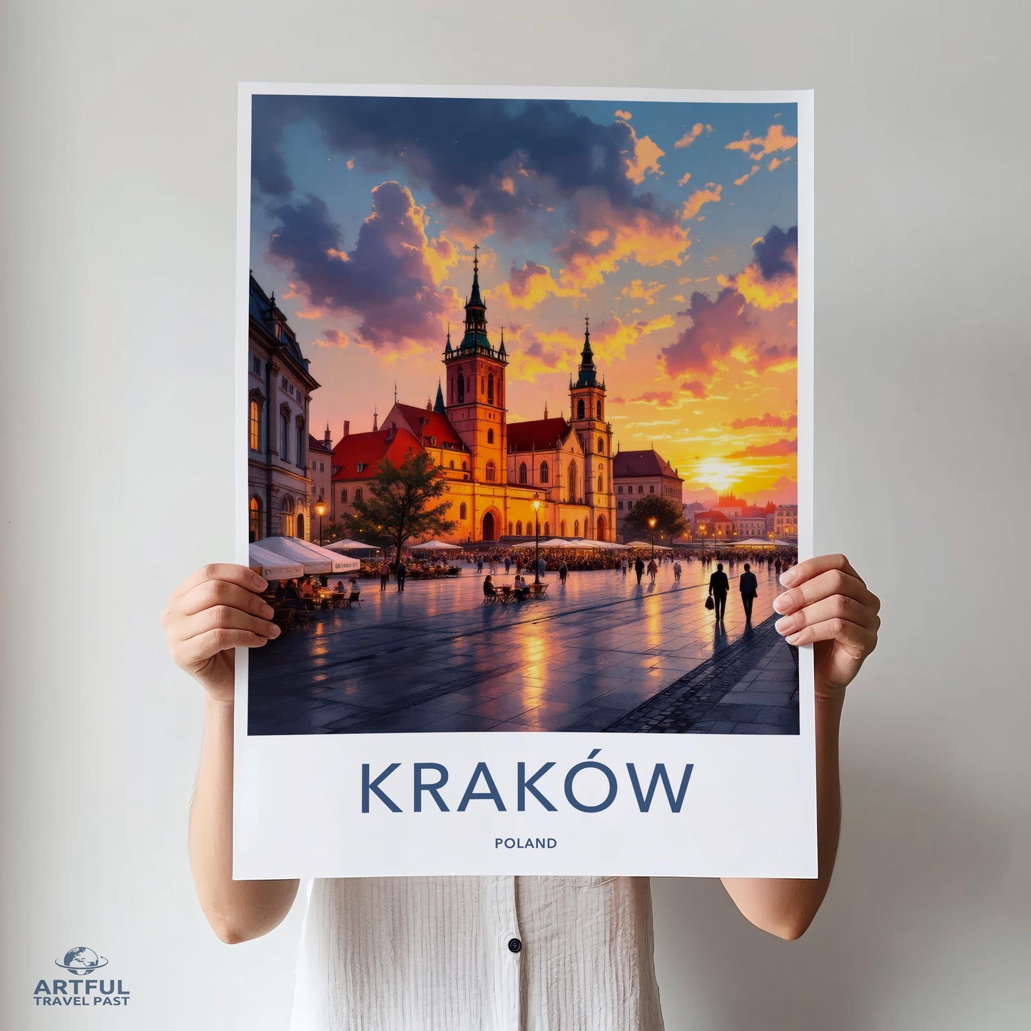 Krakow Poland Travel Poster, Sunset Cityscape Wall Art, European Architecture Print, Vibrant City Decor, Travel Gift Idea