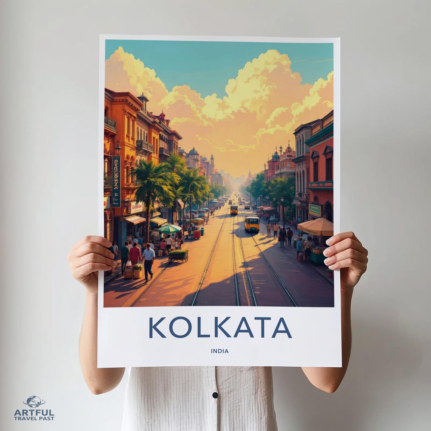 Kolkata Travel Poster, Vintage Style India Cityscape, Colorful Wall Art, Artistic Decor, Urban Street Scene, Home Office Decoration