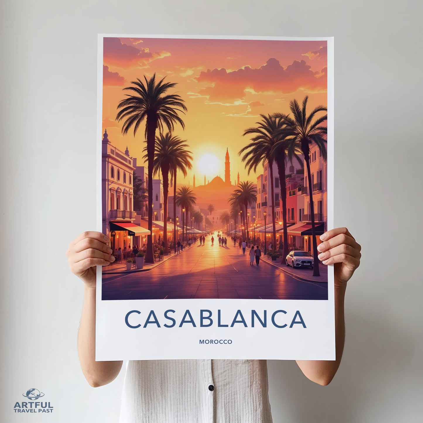 Casablanca Morocco Travel Poster, Sunset Cityscape Wall Art, Sunset Street Scene Print, Home Decor, Wall Poster, Gift Idea