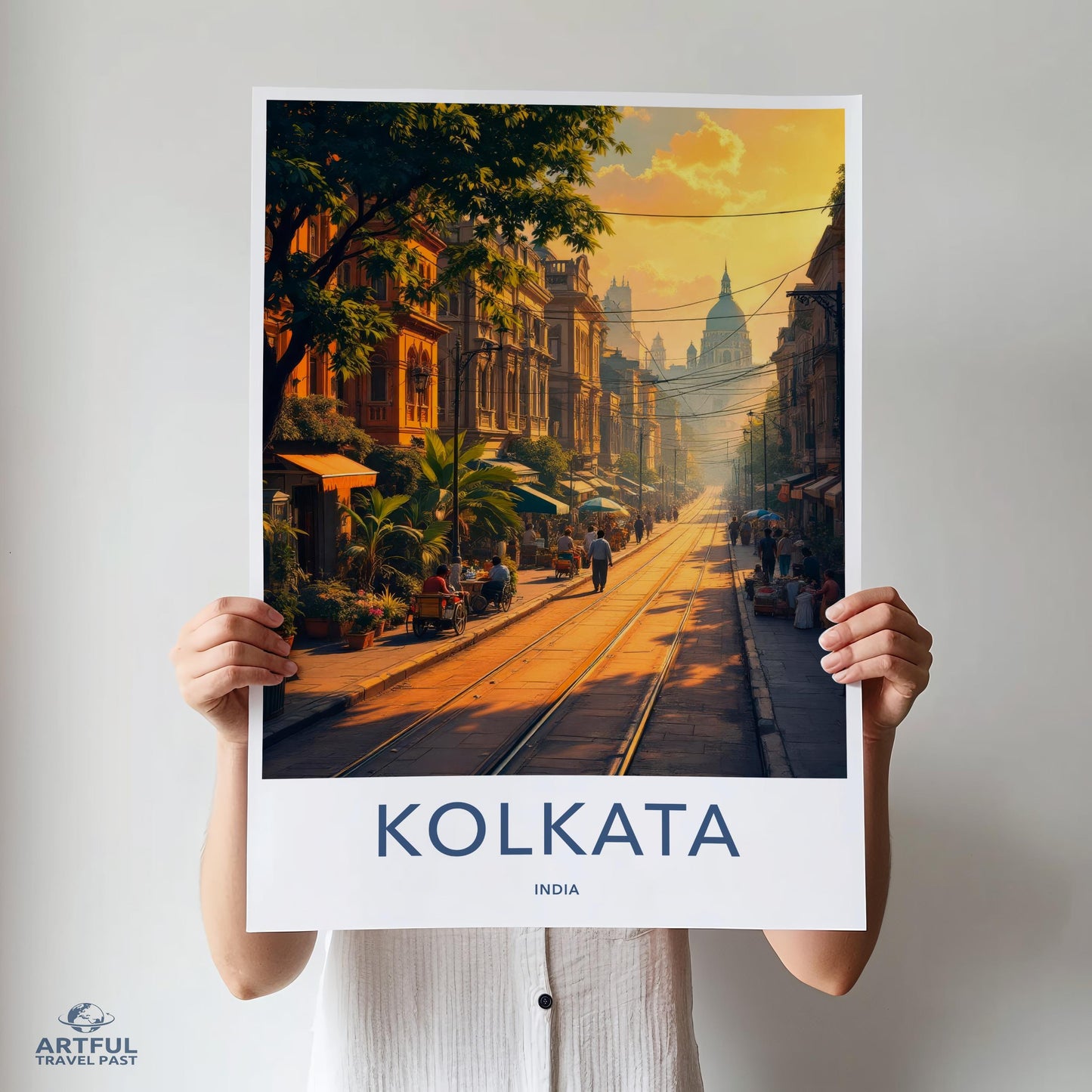 Kolkata India Travel Poster, Vintage Cityscape Art, Wall Decor Print, Street Scene Illustration, Home Wall Art, Gift Idea