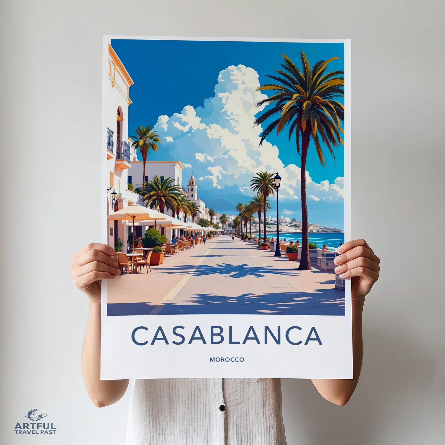 Casablanca travel poster, Morocco wall art, coastal city print, vibrant holiday decor, Mediterranean travel illustration