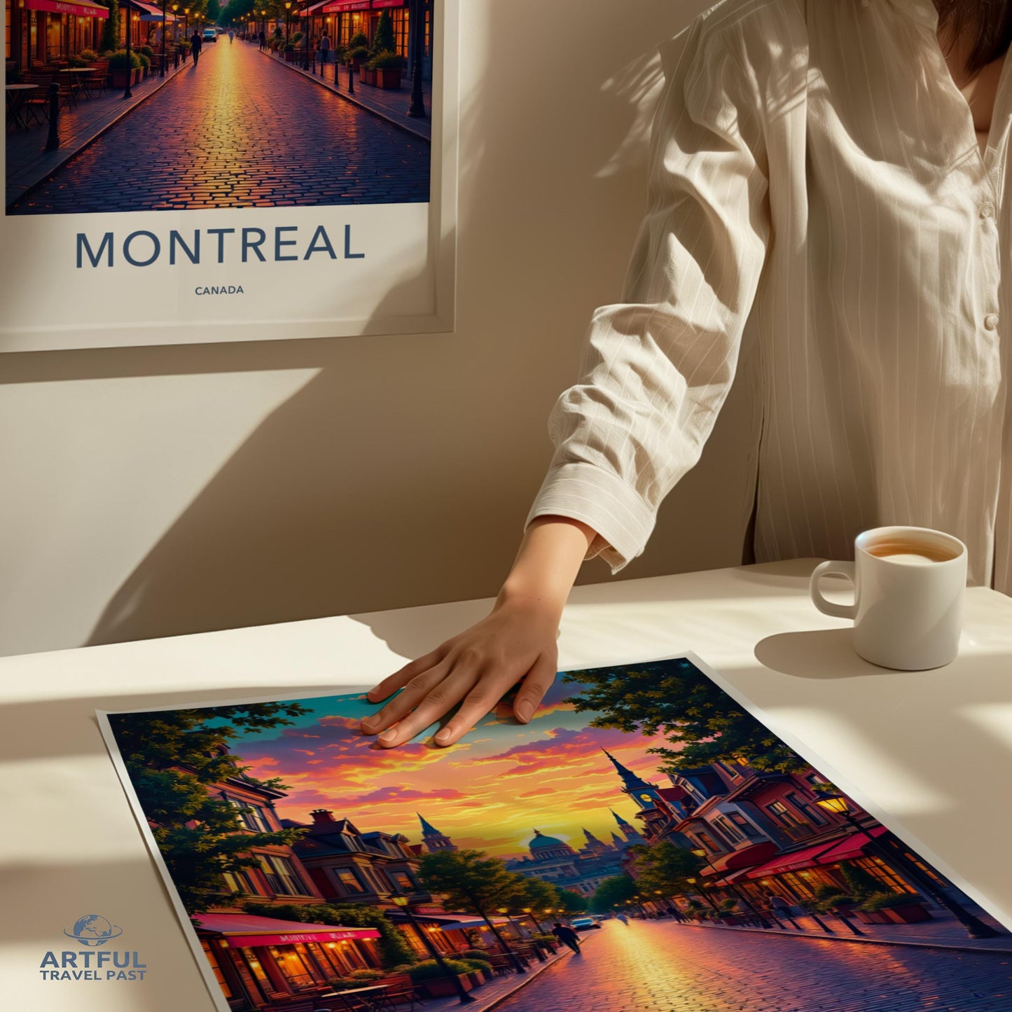 Montreal travel poster, Canada wall art, vintage cityscape print, colorful sunset scene, urban decor, artful travel past