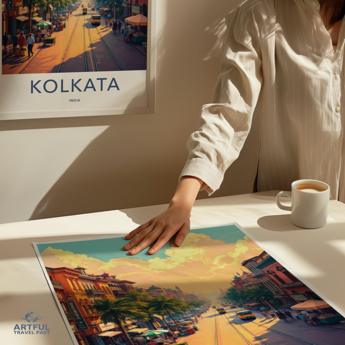 Kolkata travel poster, India cityscape art print, vibrant wall decor, urban street scene artwork, colorful city wall art, home decor