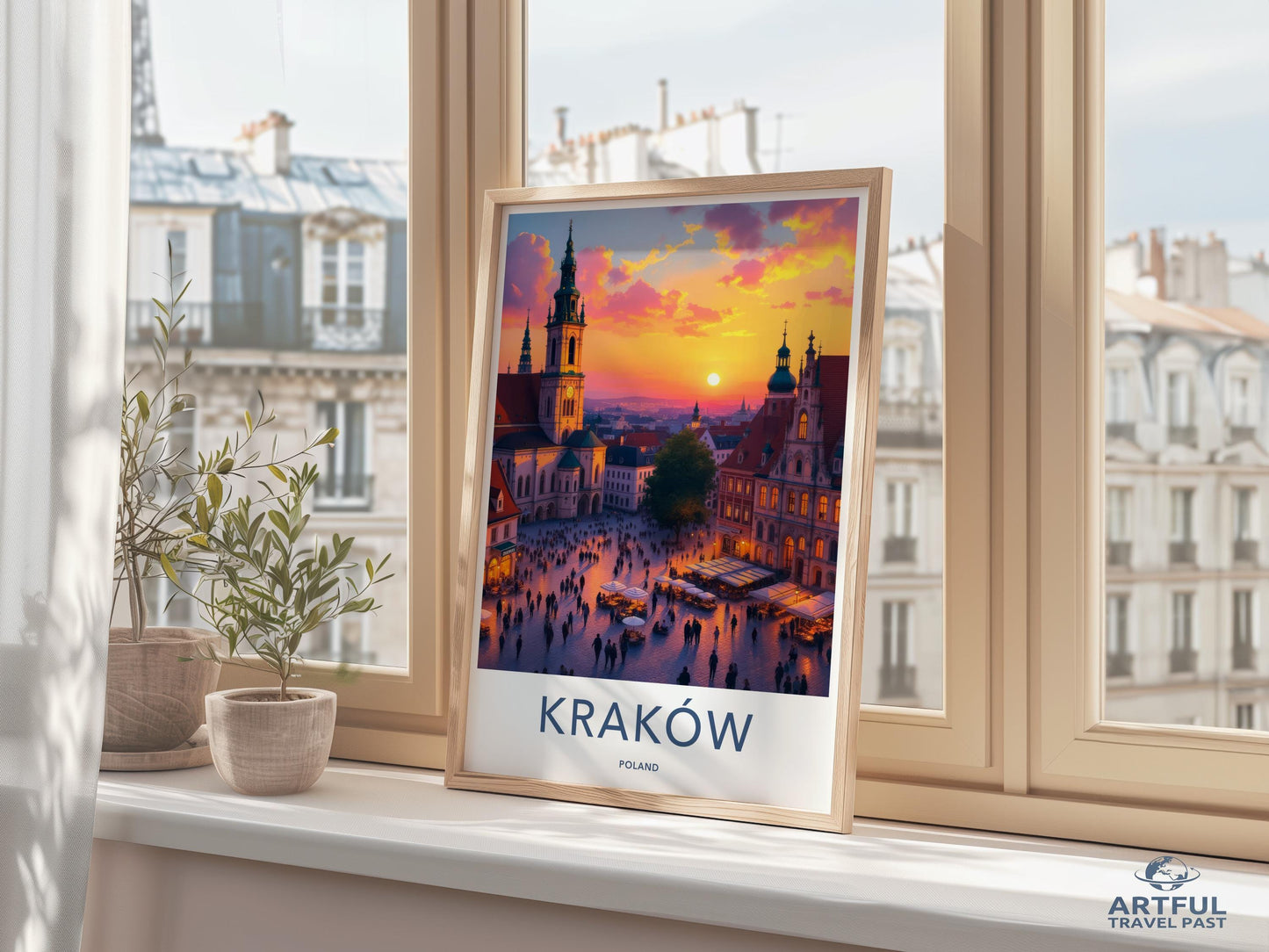 Krakow Poland Travel Poster, Cityscape Wall Art, Sunset City View, Polish Architecture Print, Home Decor, Europe Travel Gift