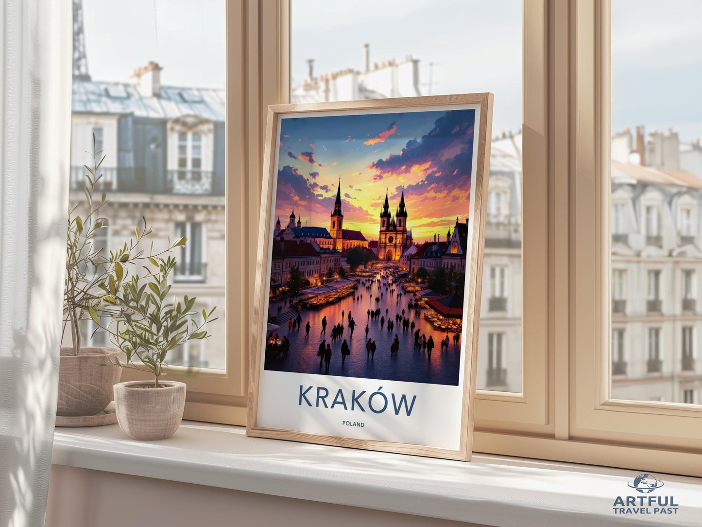 Krakow Poland skyline wall art, sunset cityscape print, travel decor, European city illustration, architecture poster