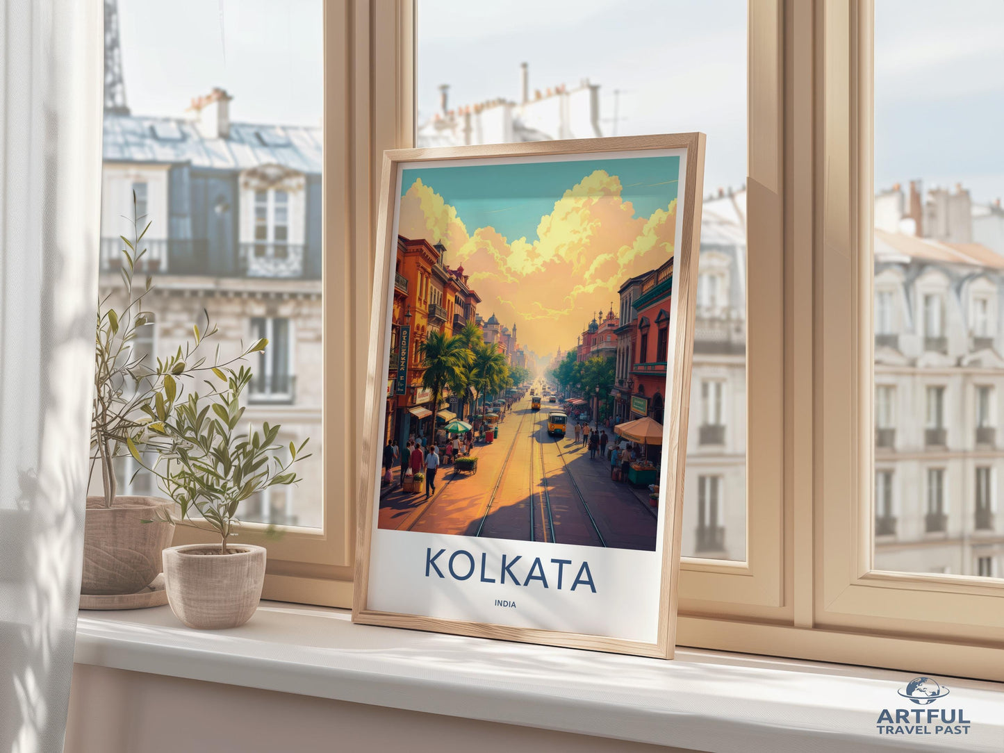 Kolkata India Travel Poster, City Street Art Print, Vintage Cityscape Wall Decor, Urban Landscape Illustration, Home Office Decor