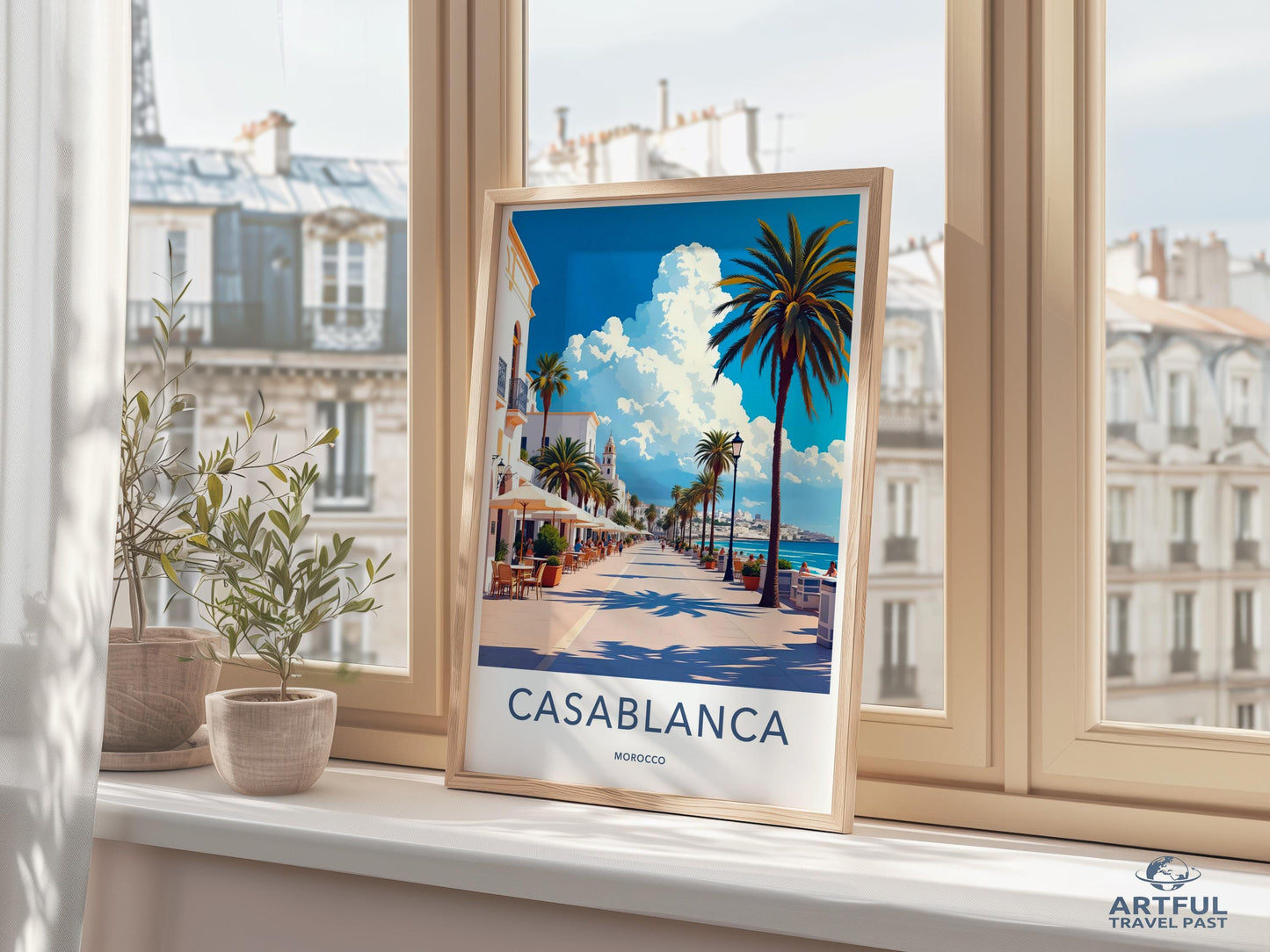 Casablanca travel poster, Morocco art print, vibrant wall decor, coastal cityscape, artistic home decor, vintage-style print