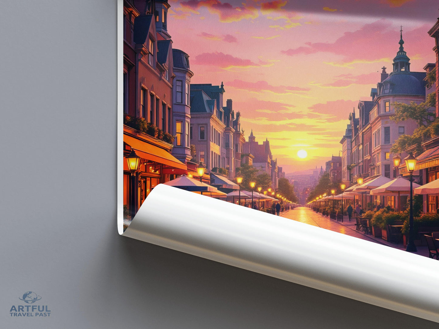 Sunset Cityscape Wall Art Poster, Romantic Street Scene Print, Colorful Urban Landscape Decor, Vibrant Evening Artwork