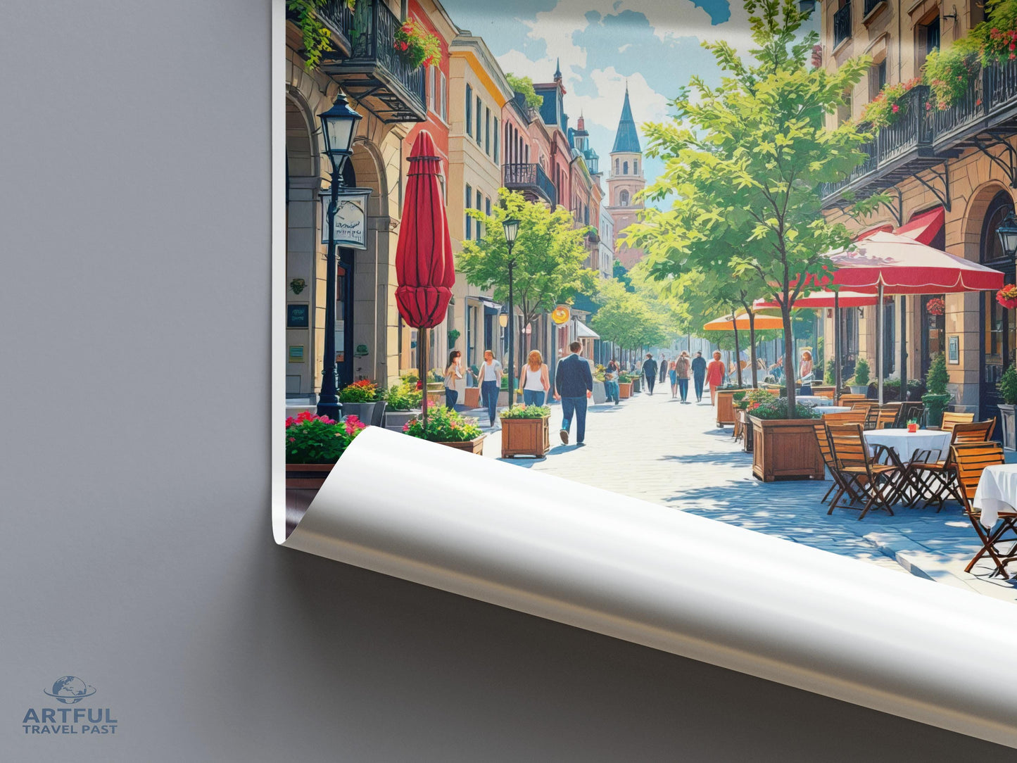Town street mural art print, colorful cityscape wall decor, urban street view poster, vibrant town center artwork, cafe street painting