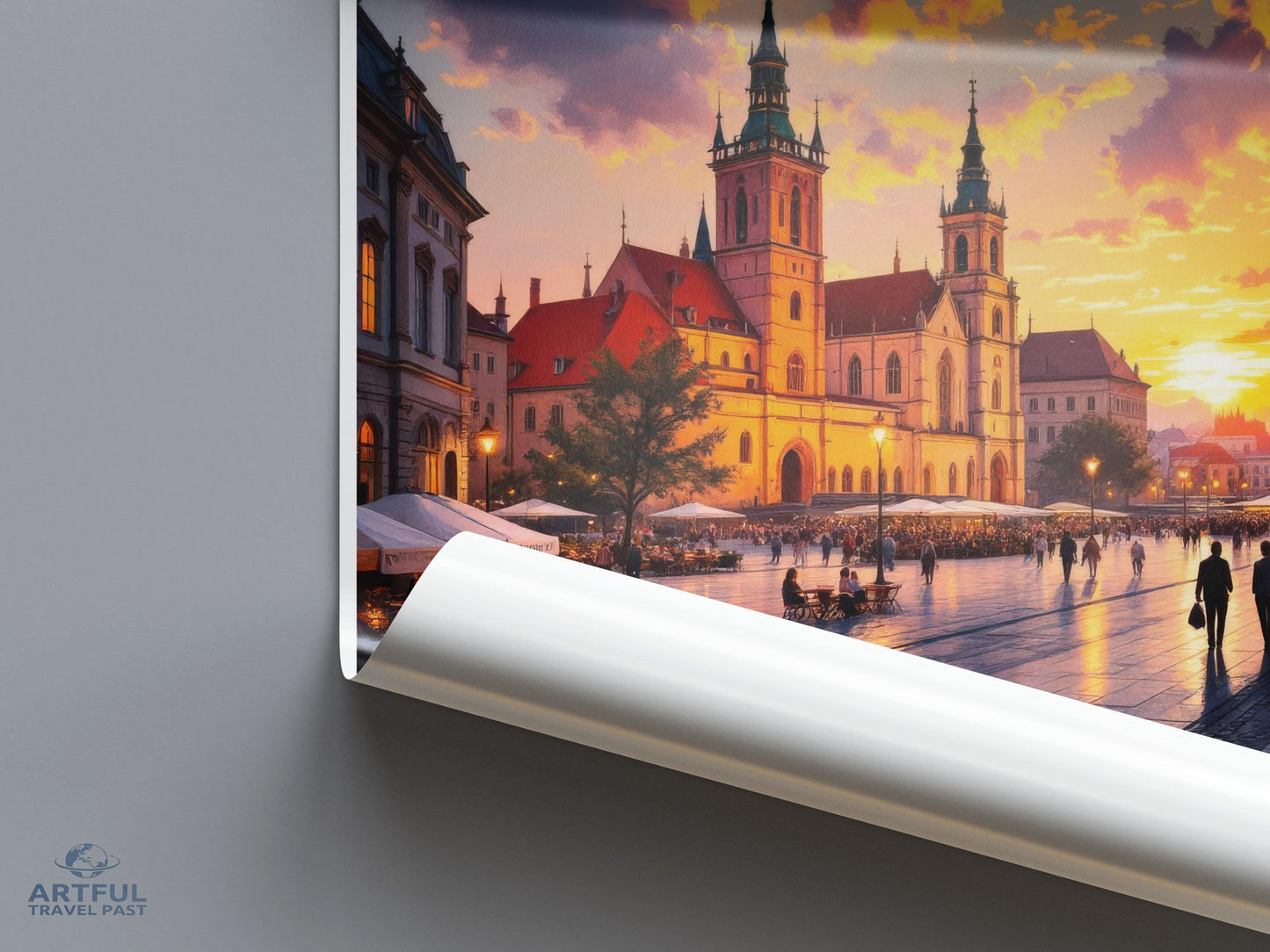 European cityscape sunset art print, historic architecture wall decor, travel destination poster, city skyline illustration, gift idea