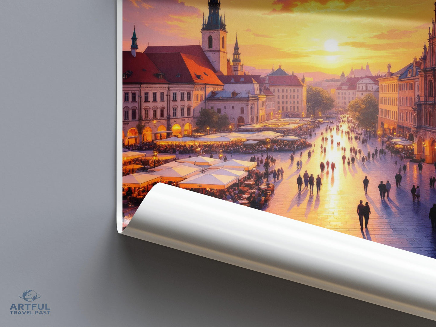Cityscape Wall Art Sunset Print, Vibrant Town Square Poster, European City Skyline Art, Large Scenic View, Home Decor