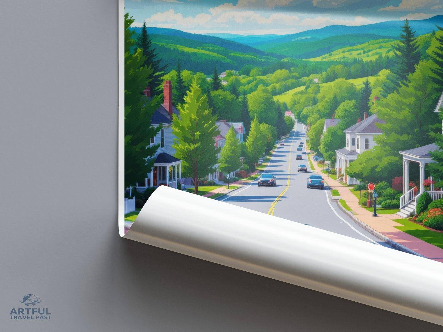 Vintage Scenic Road Trip Art Print, Retro Countryside Landscape Poster, Quaint Village Wall Decor, Unique Travel Gift