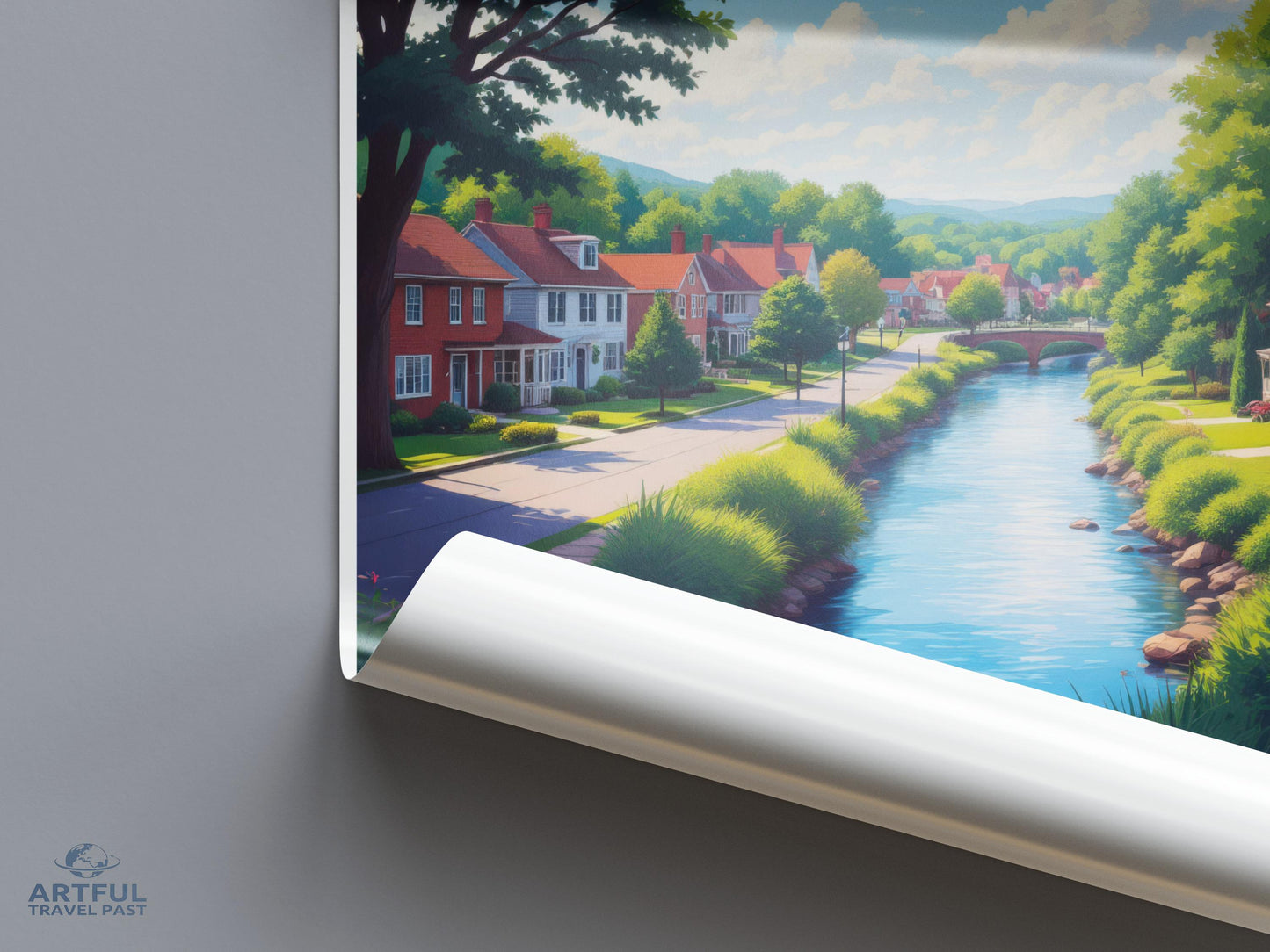 Peaceful Village Stream Poster, Scenic Landscape Wall Art, Quaint River View Print, Tranquil Town Decor, Nature Illustration