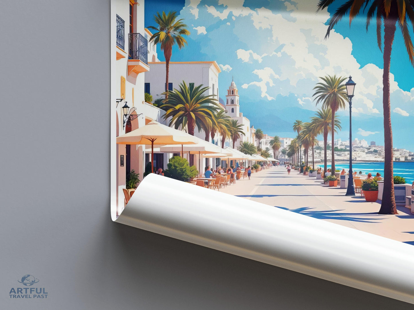 Mediterranean Beach Street Poster, Coastal Cityscape Wall Art, Seaside Promenade Decor, Sunny Day Illustration Print