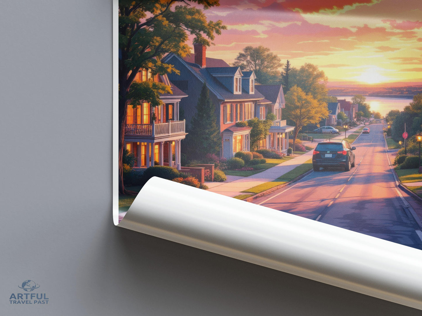 Sunset Scenic Neighborhood Art Print, Street View Landscape Wall Decor, Charming Residential Homes, Serene Evening Poster