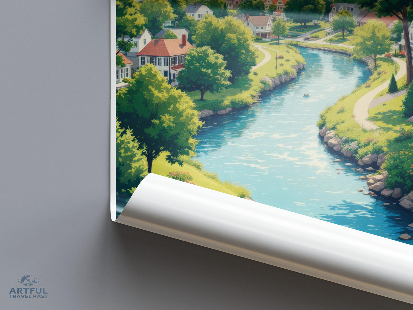 Scenic River Village Art Poster, Tranquil Nature Wall Art, Serene Landscape Print, Peaceful Country Town Decor, Calm Water Artwork