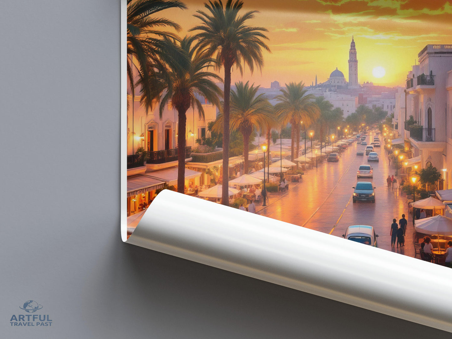 Sunset Cityscape Wall Art, Palm Tree Street Scene Poster, Mediterranean Evening Print, Downtown View Decor, Urban Landscape