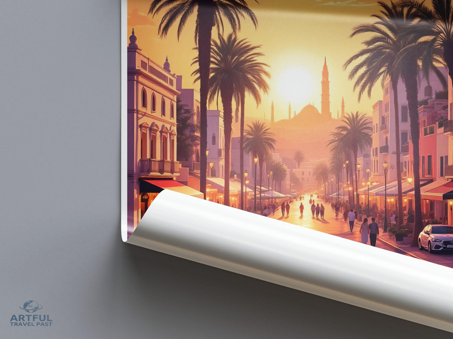 Sunset Cityscape Poster, Palm Trees Wall Art, Mediterranean Street Print, Large Landscape Art, Home Decor, Travel Photography