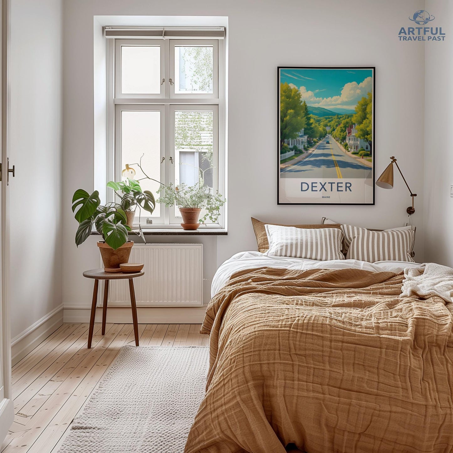 Scandinavian bedroom decor, cozy minimalist design, modern home interior, stylish wall art, houseplant decor, neutral tones bedroom