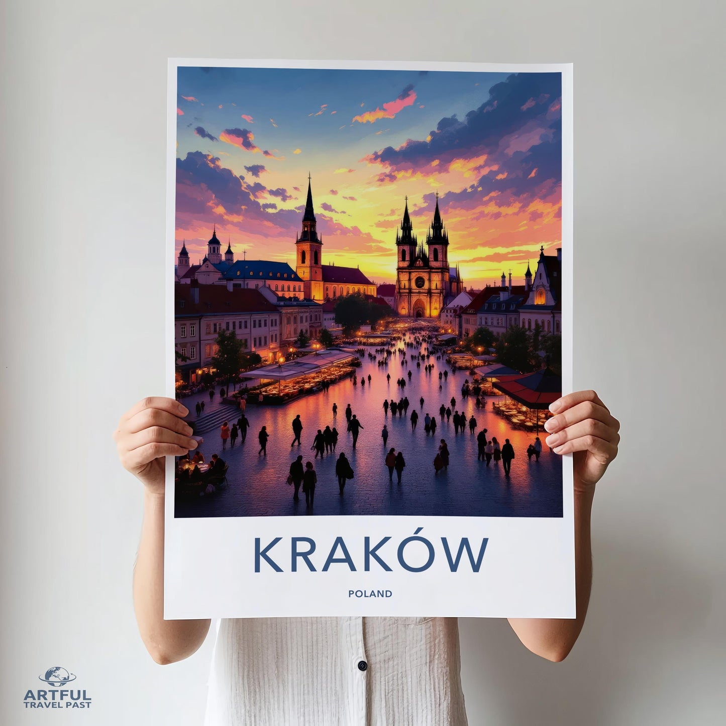 Krakow Poland Travel Art Print, European Cityscape Wall Decor, Sunset Skyline Poster, Historic Architecture Artwork