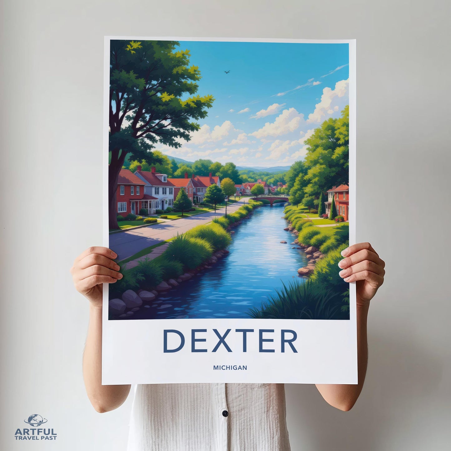 Dexter Michigan travel poster, watercolor print, idyllic landscape art, serene river painting, colorful artwork, home decor