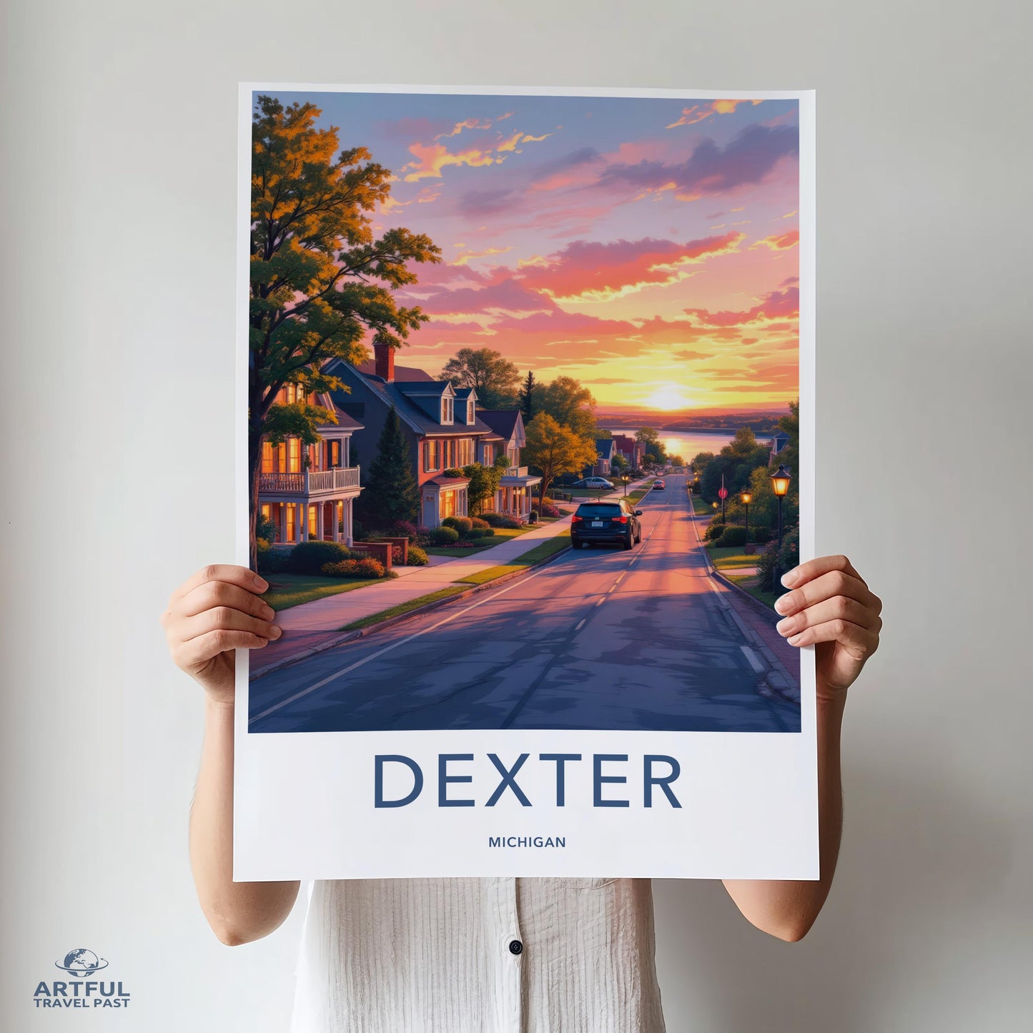 Dexter Michigan scenic poster, Sunset street art print, Wall decor travel poster, Vibrant sunset home decor, Dexter art print