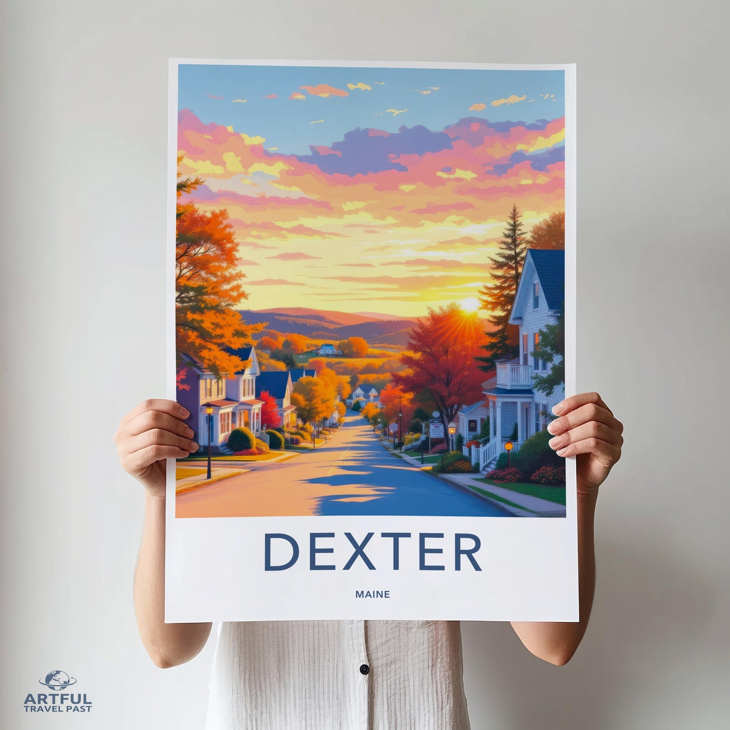 Dexter Maine Sunset Street View Art Print, Colorful Autumn Scene Wall Decor, Small Town Landscape Poster, Home Decoration Gift