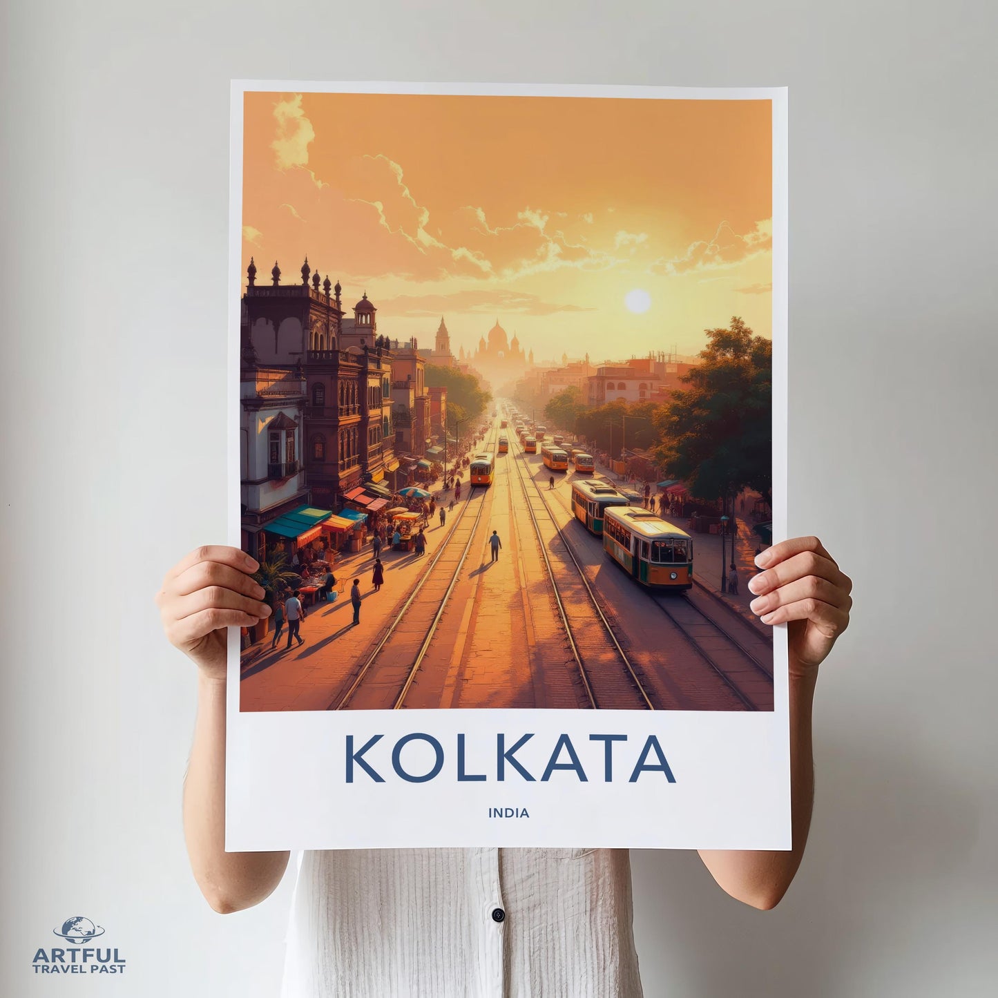 Kolkata skyline poster, wall art, travel poster, vintage city print, sunset cityscape, home decor, India travel artwork, gift idea