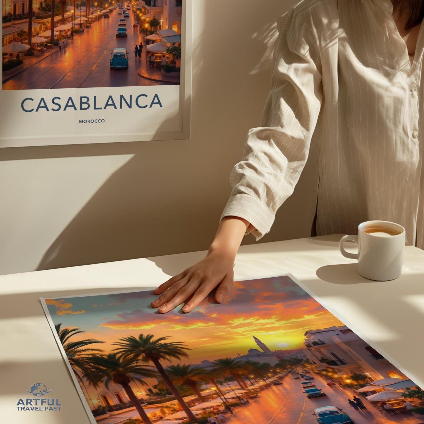 Casablanca travel poster, Morocco city print, vintage travel art, Moroccan wall decor, travel destination poster, sunset cityscape print