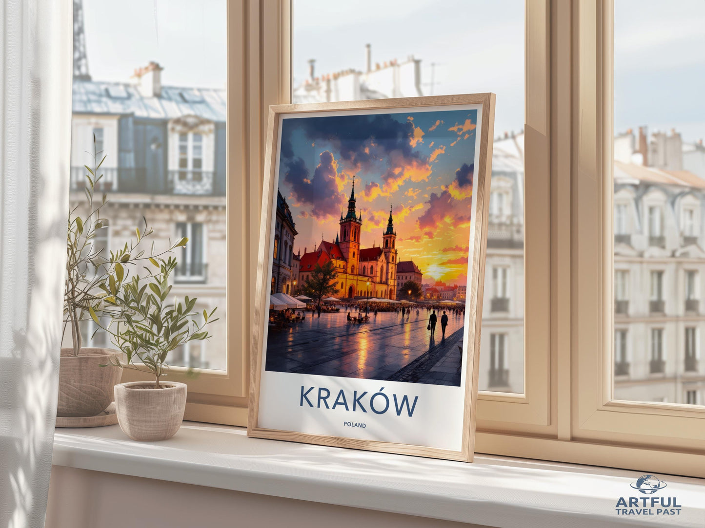 Krakow city skyline poster, vibrant travel print, cityscape wall art, Polish architecture decor, European city artwork, sunset view