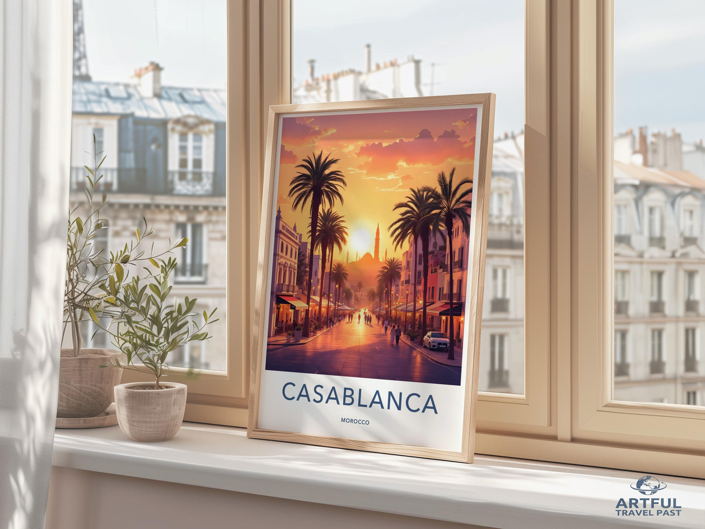 Casablanca Morocco Travel Poster, City Sunset Art Print, Vintage Aesthetic Wall Decor, Urban Landscape Artwork, Home Office Decoration