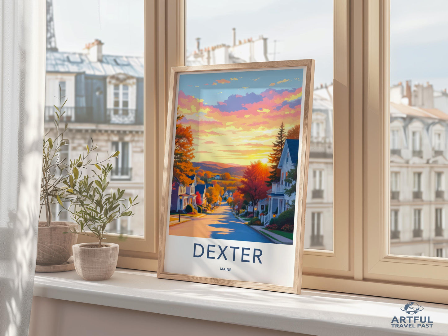 Dexter Maine Travel Poster, Colorful Sunset Print, Vintage Art, Retro Wall Decor, Beautiful Landscape Artwork, Home Decoration