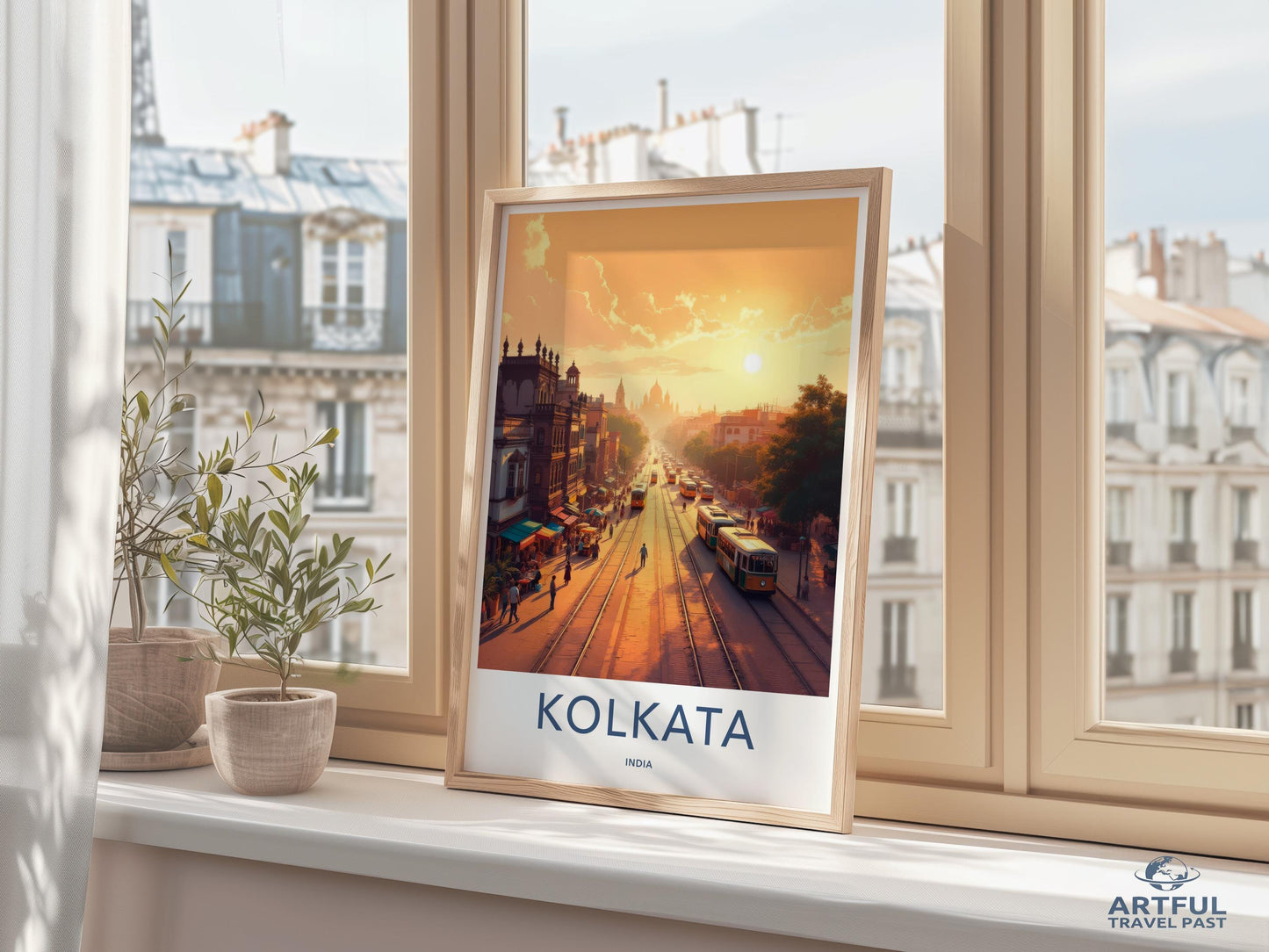Kolkata Sunset Cityscape Art, Vintage Travel Poster, Urban Street Scene Wall Decor, City Art Print, Framed Home Office Decor