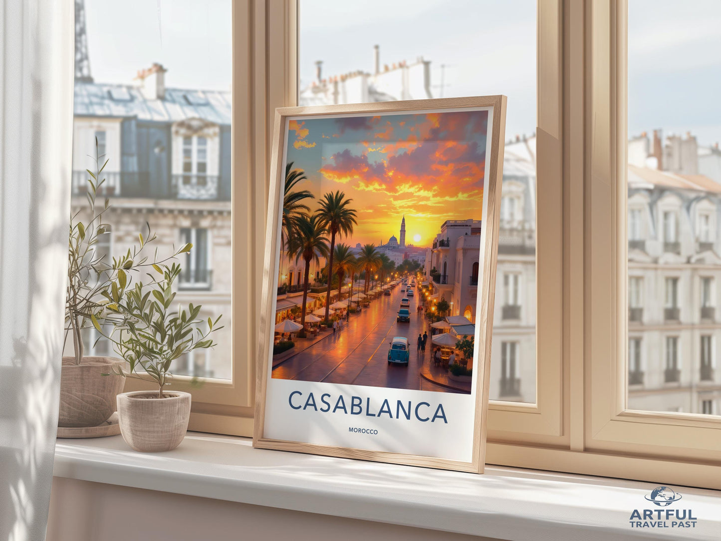 Casablanca Travel Poster, Morocco City Wall Art, Sunset View Print, Travel Decor, Moroccan Street Scenic Artwork, Gift for Travelers