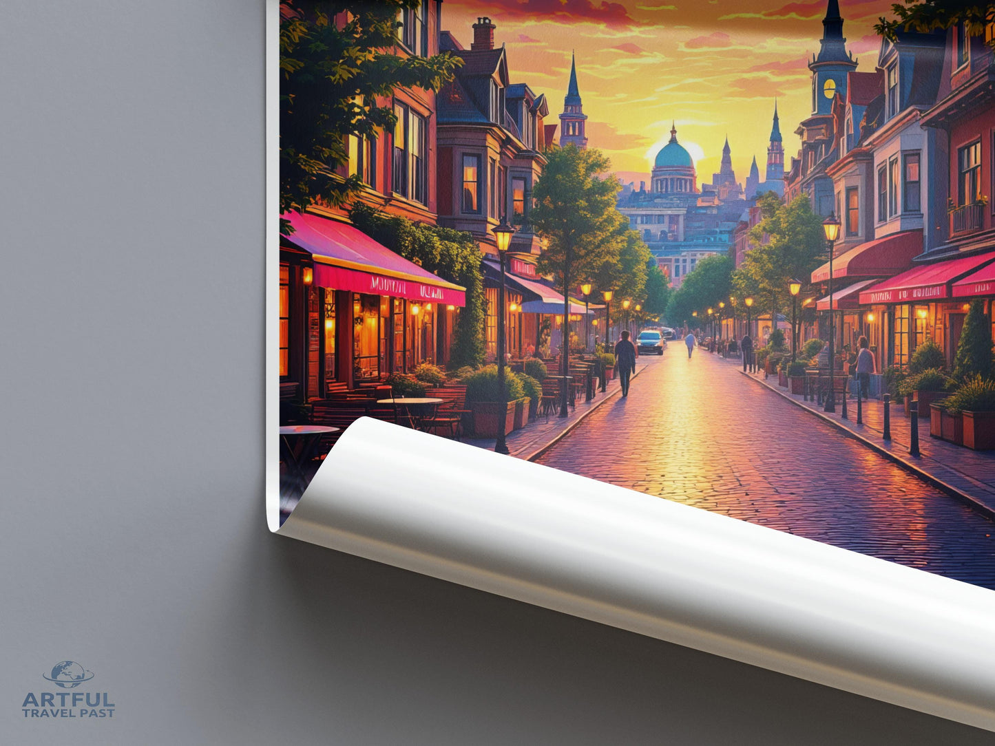 European street scene at sunset, vibrant cityscape wall art, colorful sunset boulevard print, picturesque urban decor