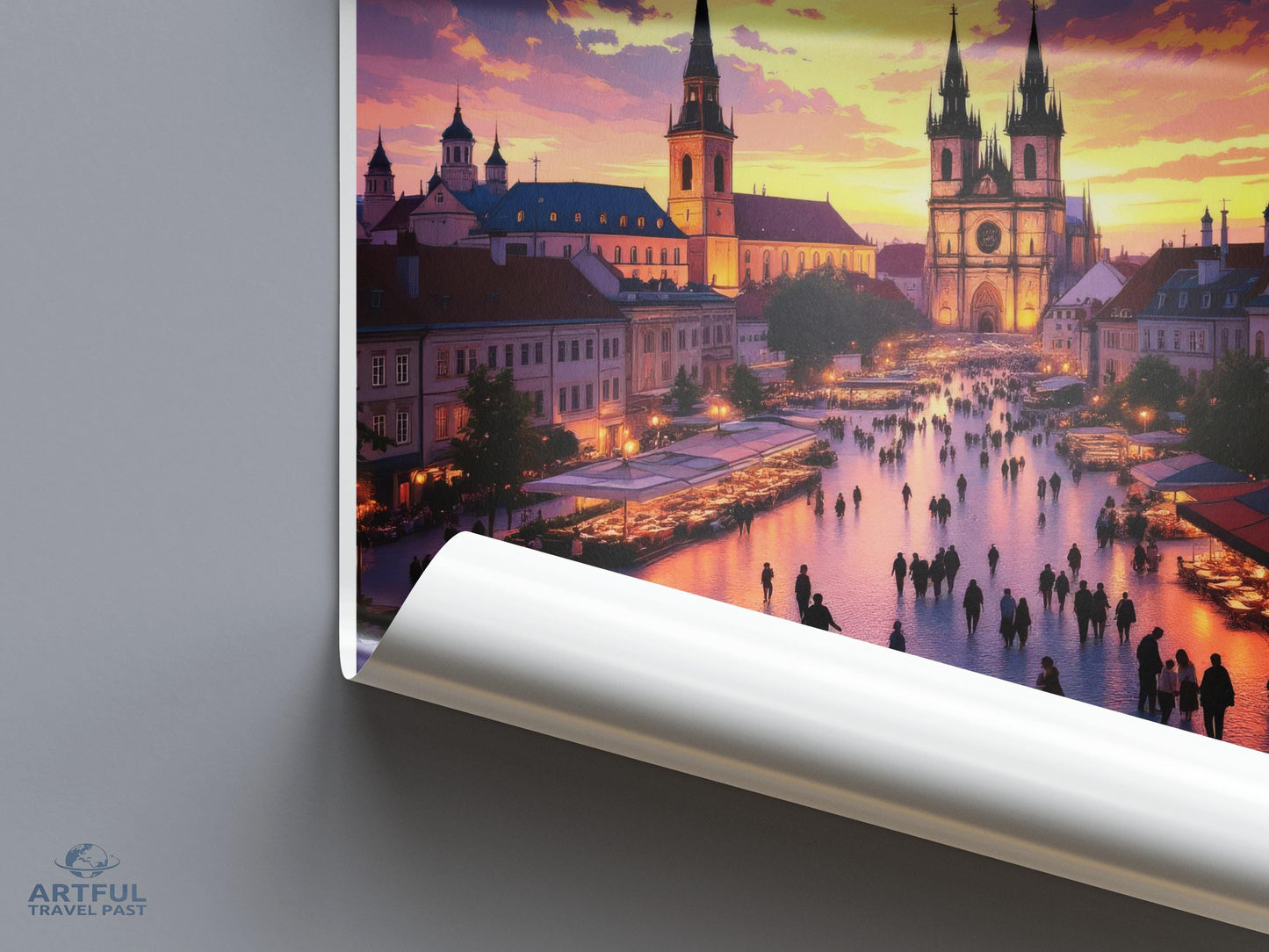 Cityscape art print, sunset city poster, European city wall decor, downtown skyline artwork, architectural sunset print
