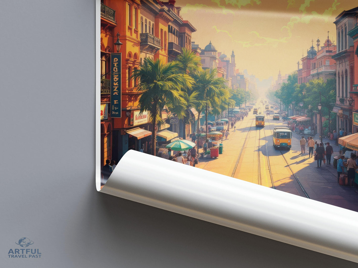 Vintage Streetcar Cityscape Art Print, Urban Tramway Travel Poster, Retro City Street Scene Wall Decor, Nostalgic Artwork