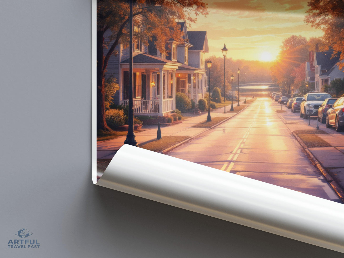 Scenic Village Street at Sunset Wall Art, Serene Neighborhood Landscape Print, Tranquil Evening Scene, Cozy Town Decor