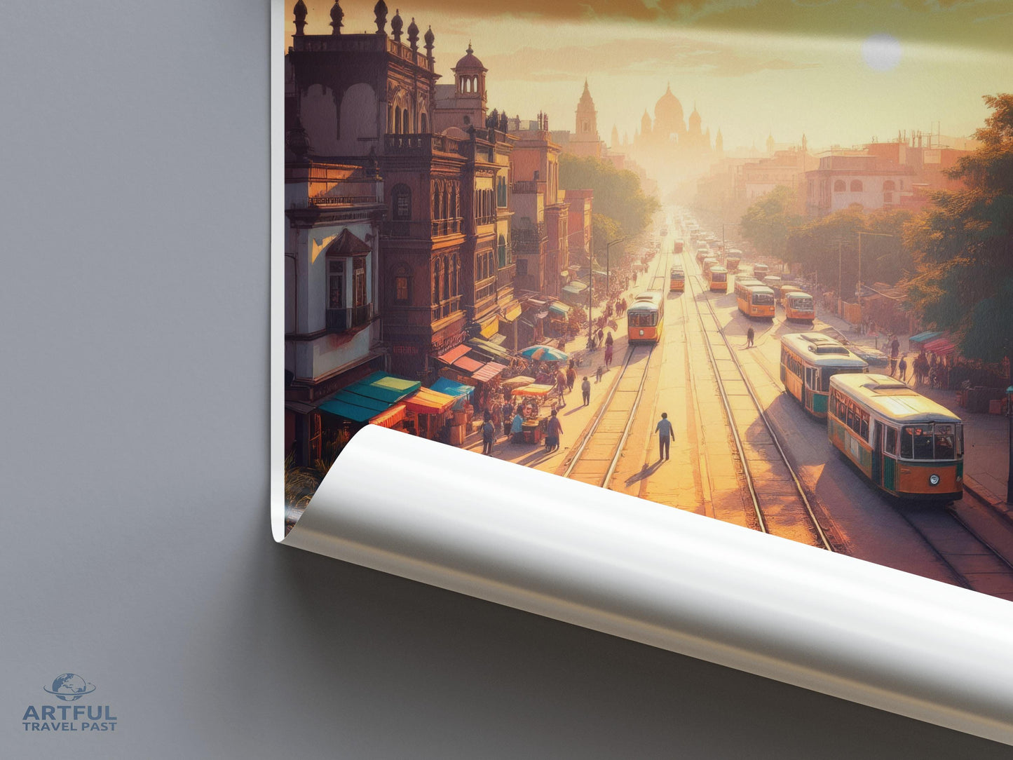 Vintage Cityscape Poster, Sunset Tram Street Art, Urban Wall Decor, Historic Town Print, Scenic City View, Retro Travel Illustration