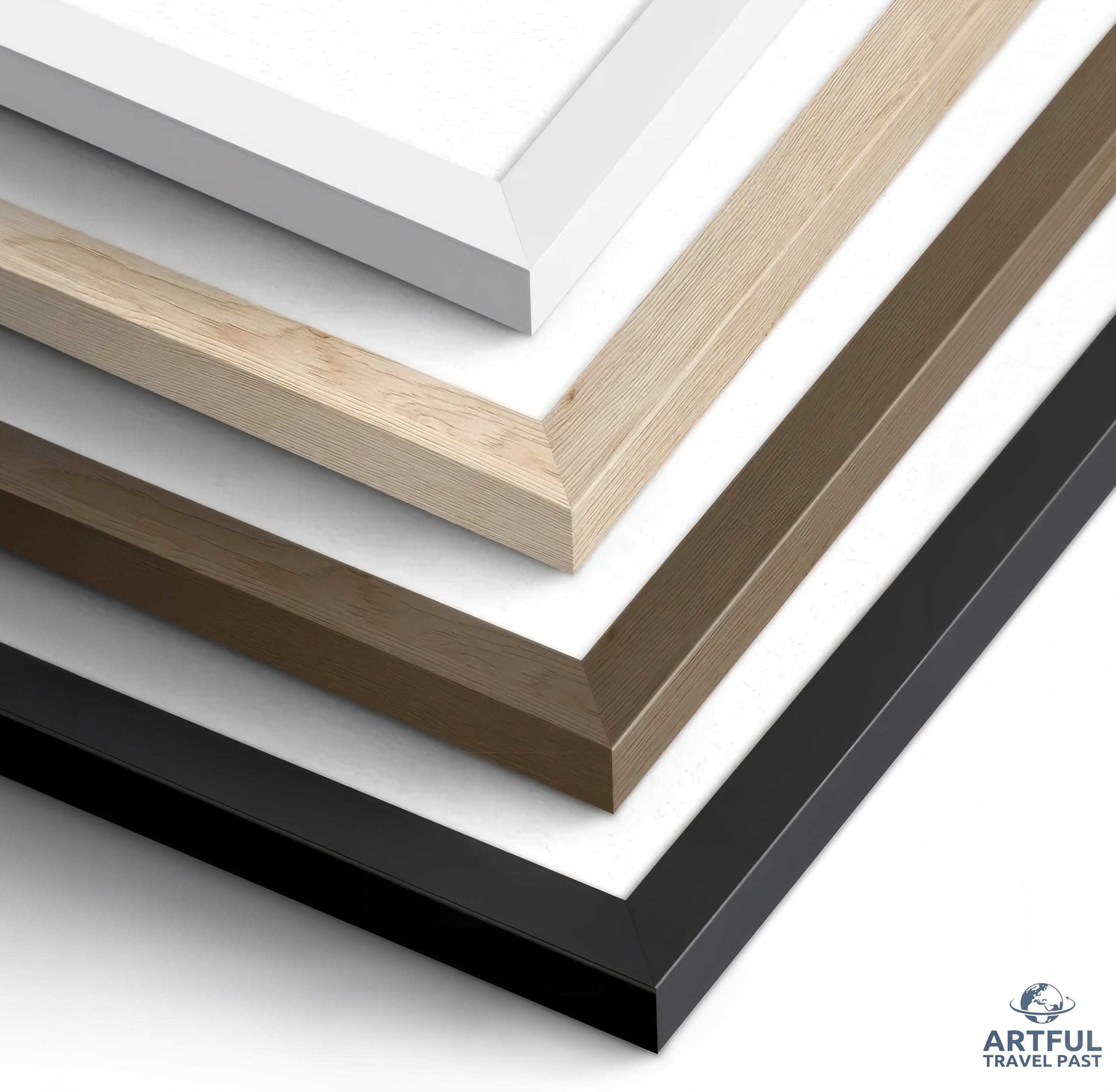 a collection of various colored wooden frames, including white, light brown, dark brown, and black, arranged in a visually appealing manner.