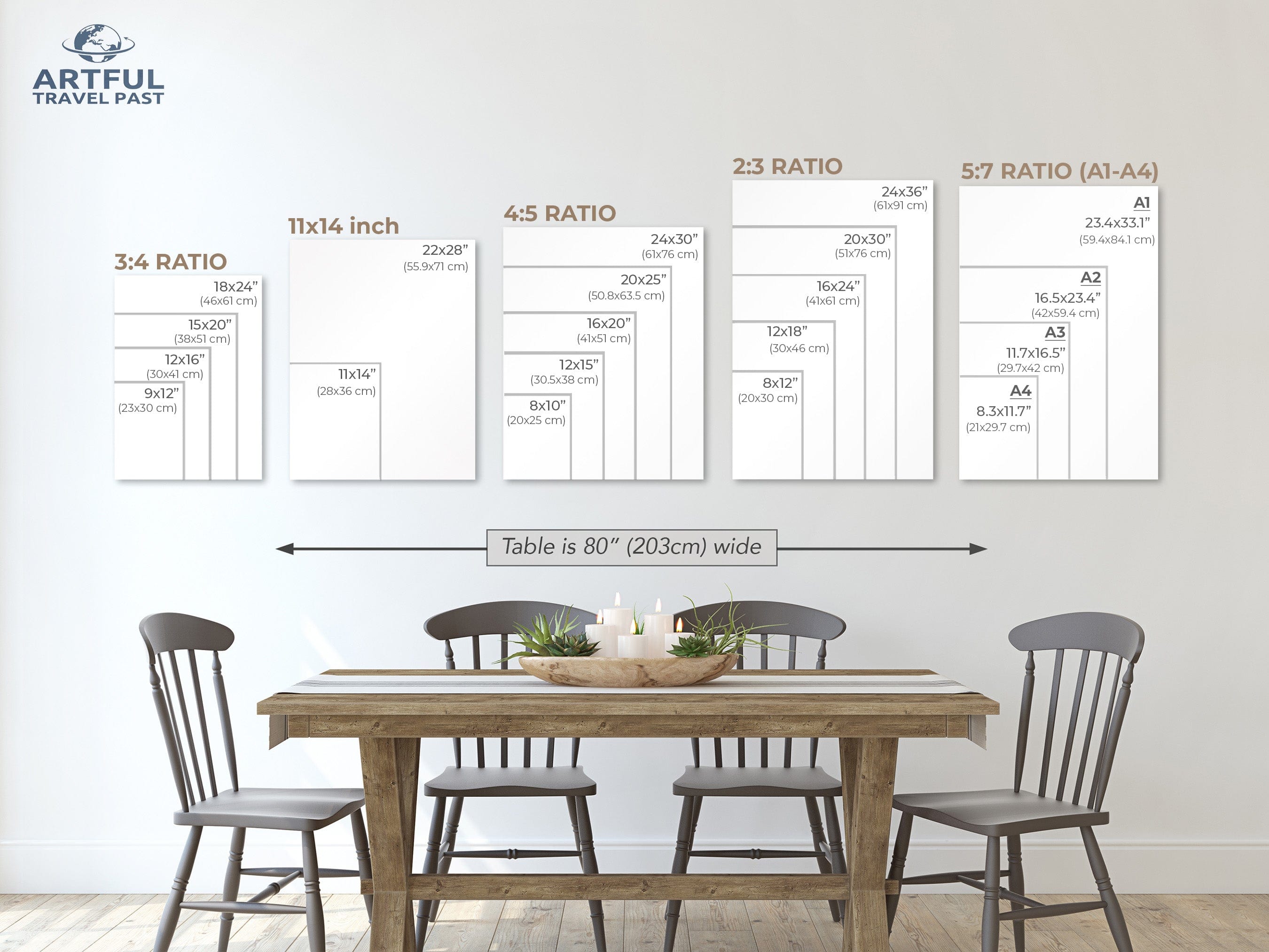 a dining room table with four chairs and a table plan on the wall