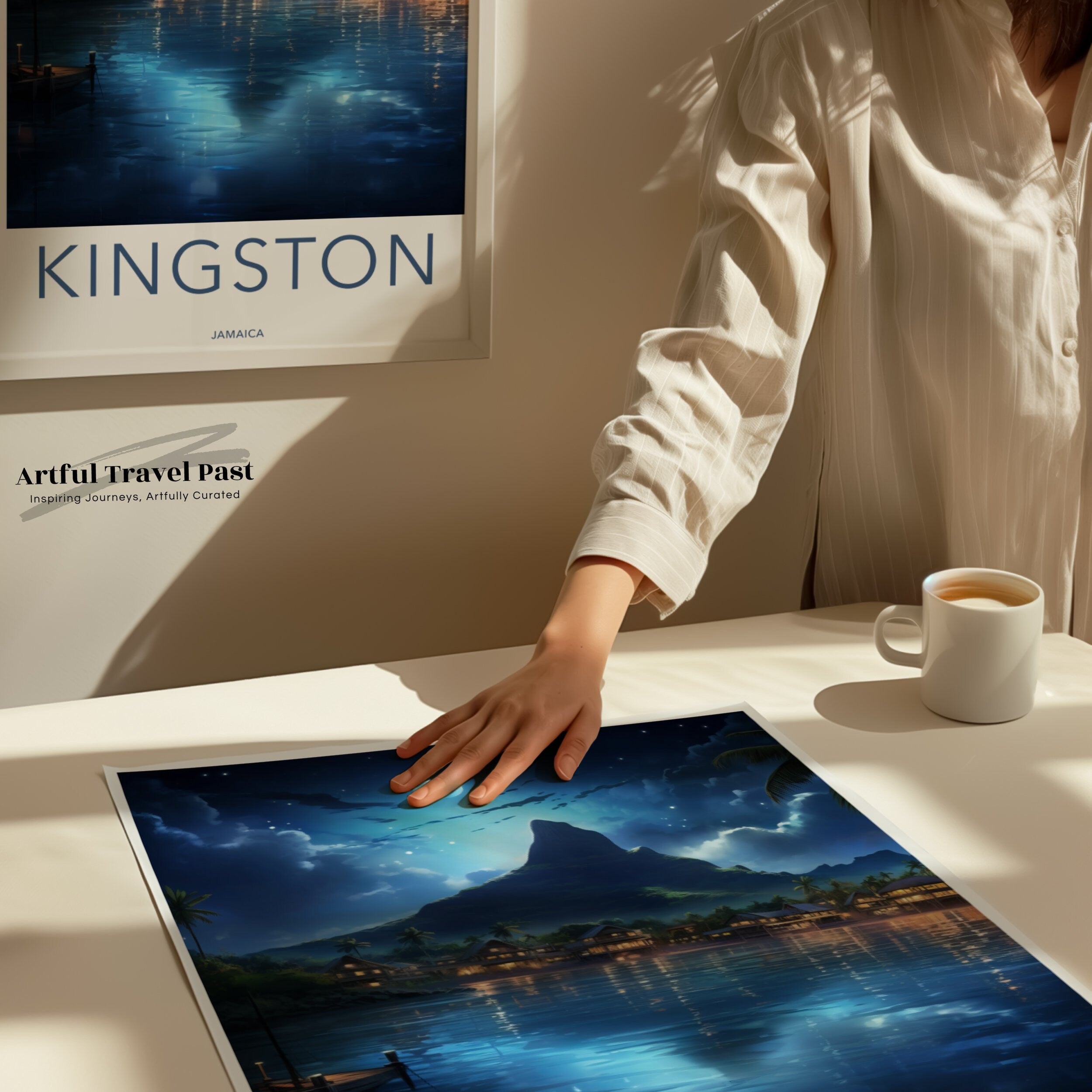 Kingston Jamaica Night Skyline, Stunning Mountain View Wall Art, Moonlit Waterfront Decor, Dreamy Island Nightscape, Caribbean Serenity