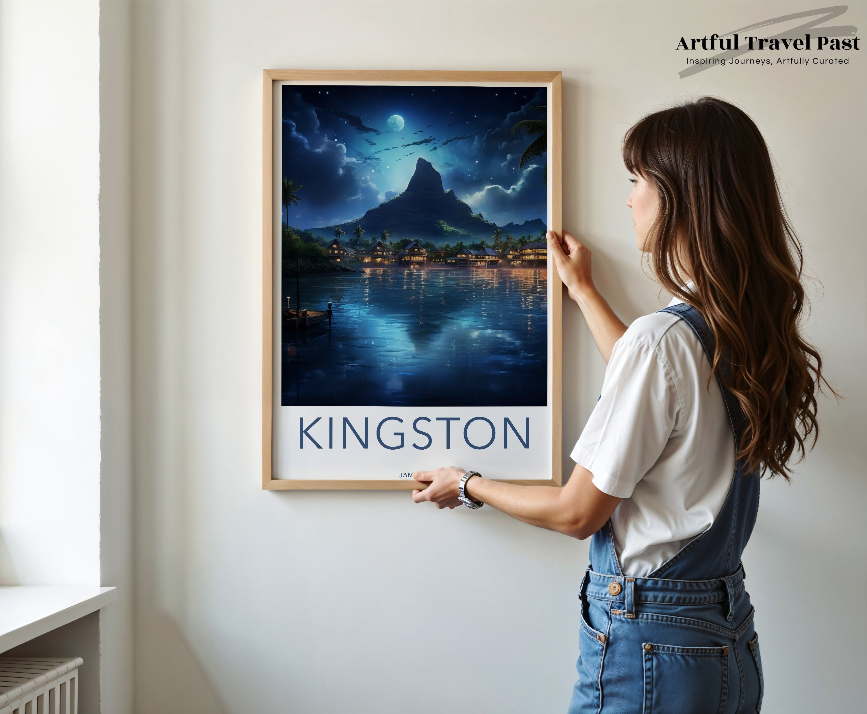 Kingston Jamaica Night Skyline, Stunning Mountain View Wall Art, Moonlit Waterfront Decor, Dreamy Island Nightscape, Caribbean Serenity