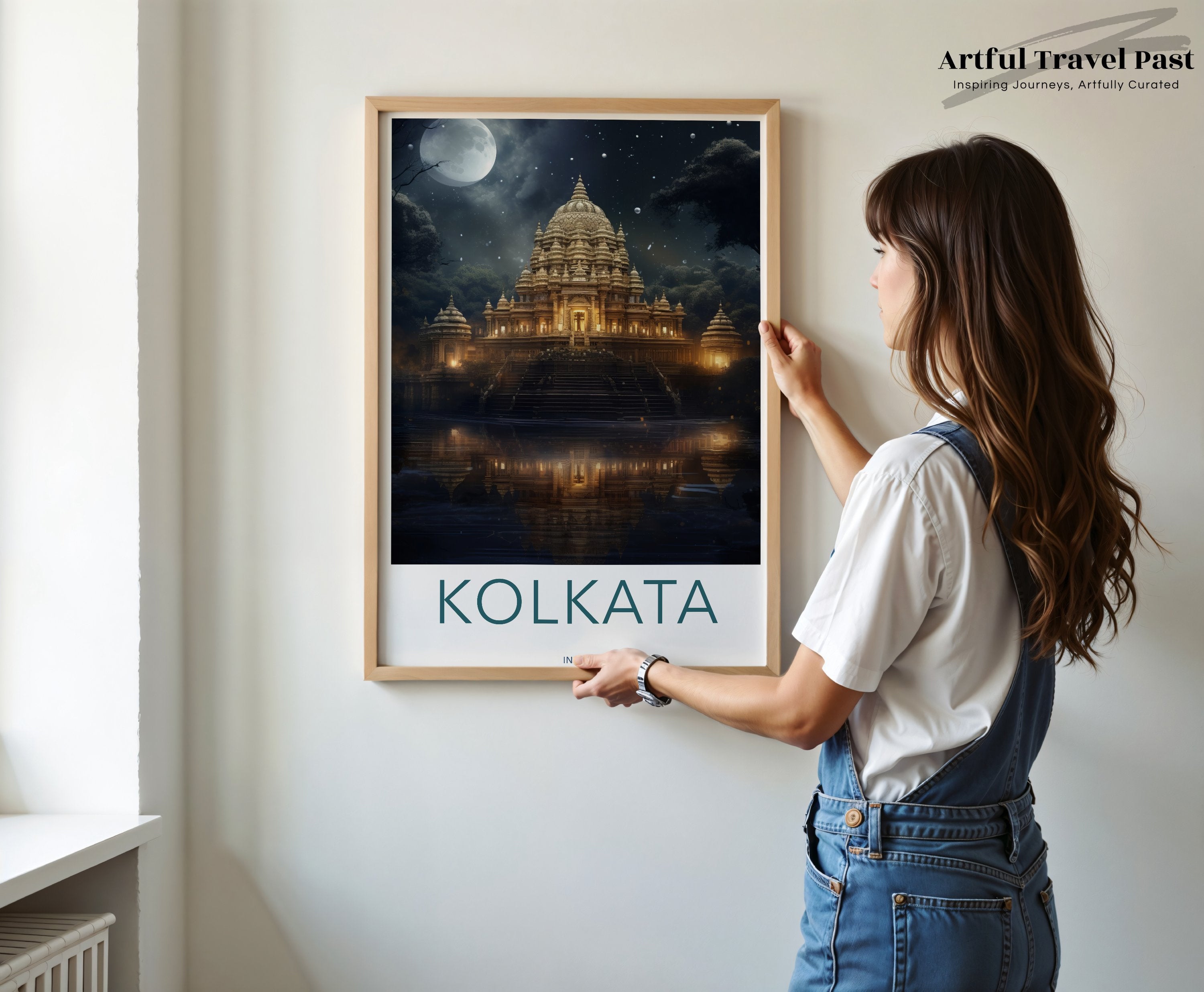 Stunning Kolkata Wall Art Print, Moonlit Temple Reflection, Illuminated Architecture, Nighttime Serenity, Cultural Landmark Art