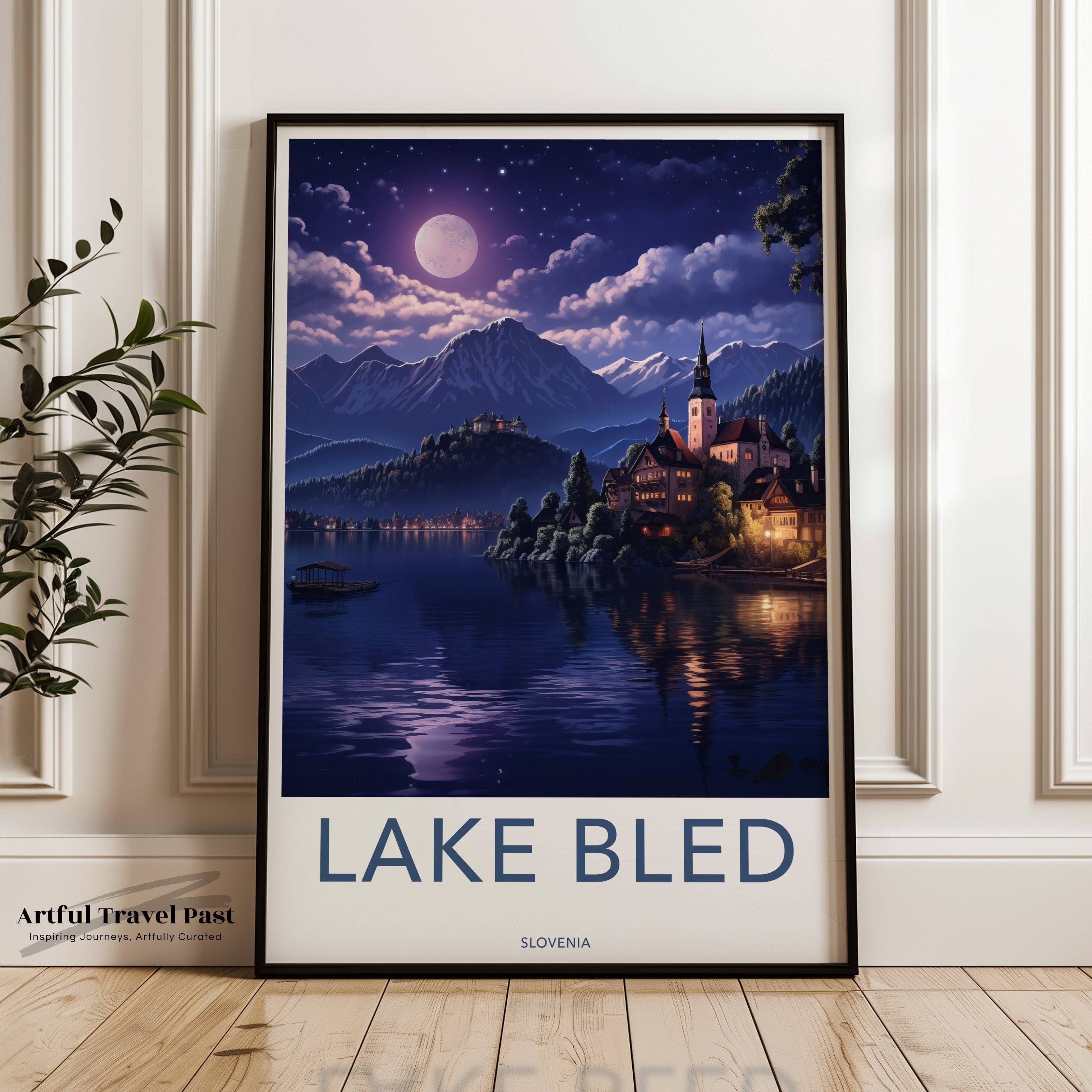 Lake Bled Wall Art, Slovenia Moonlit Night Landscape Poster, Scenic European Mountains and Lake View Decor