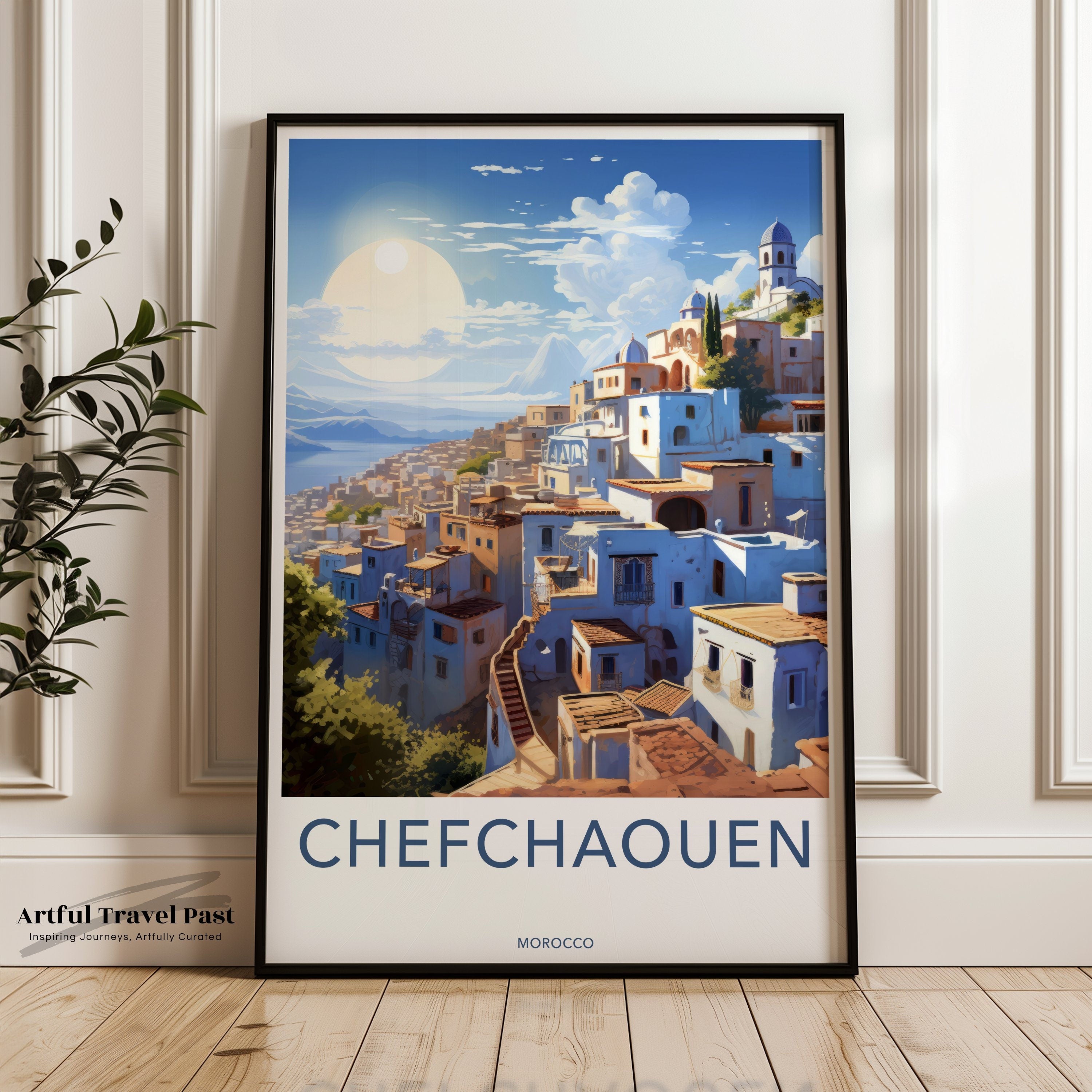 Chefchaouen Framed Poster, Blue City Wall Art, Moroccan Cityscape, Vibrant Urban Landscape, Mediterranean Decor