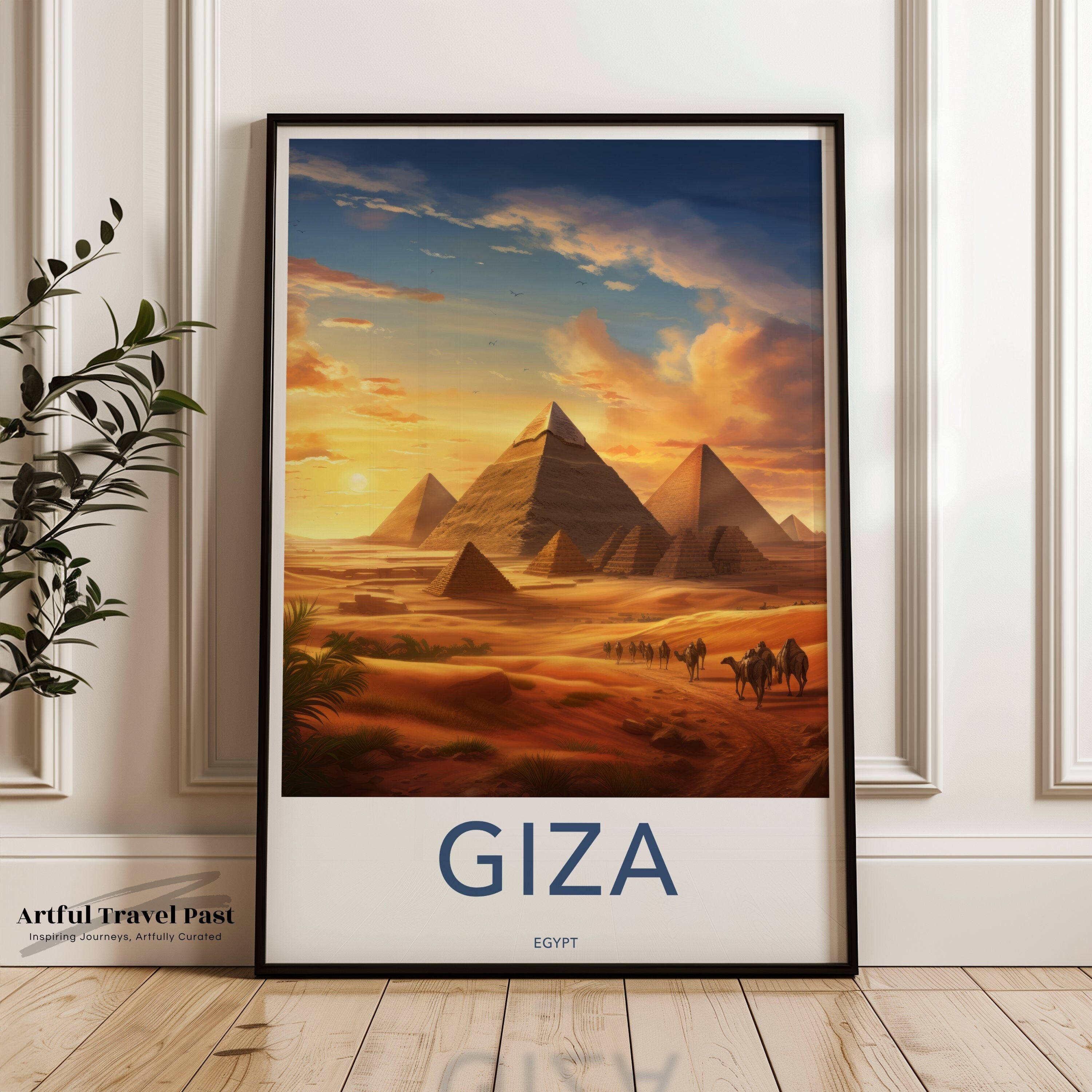 Giza Pyramids Art, Sunset Poster, Egyptian Landscape Wall Decor, Travel Photography Print, Historic Egypt Art, Framed Poster, Home Decor