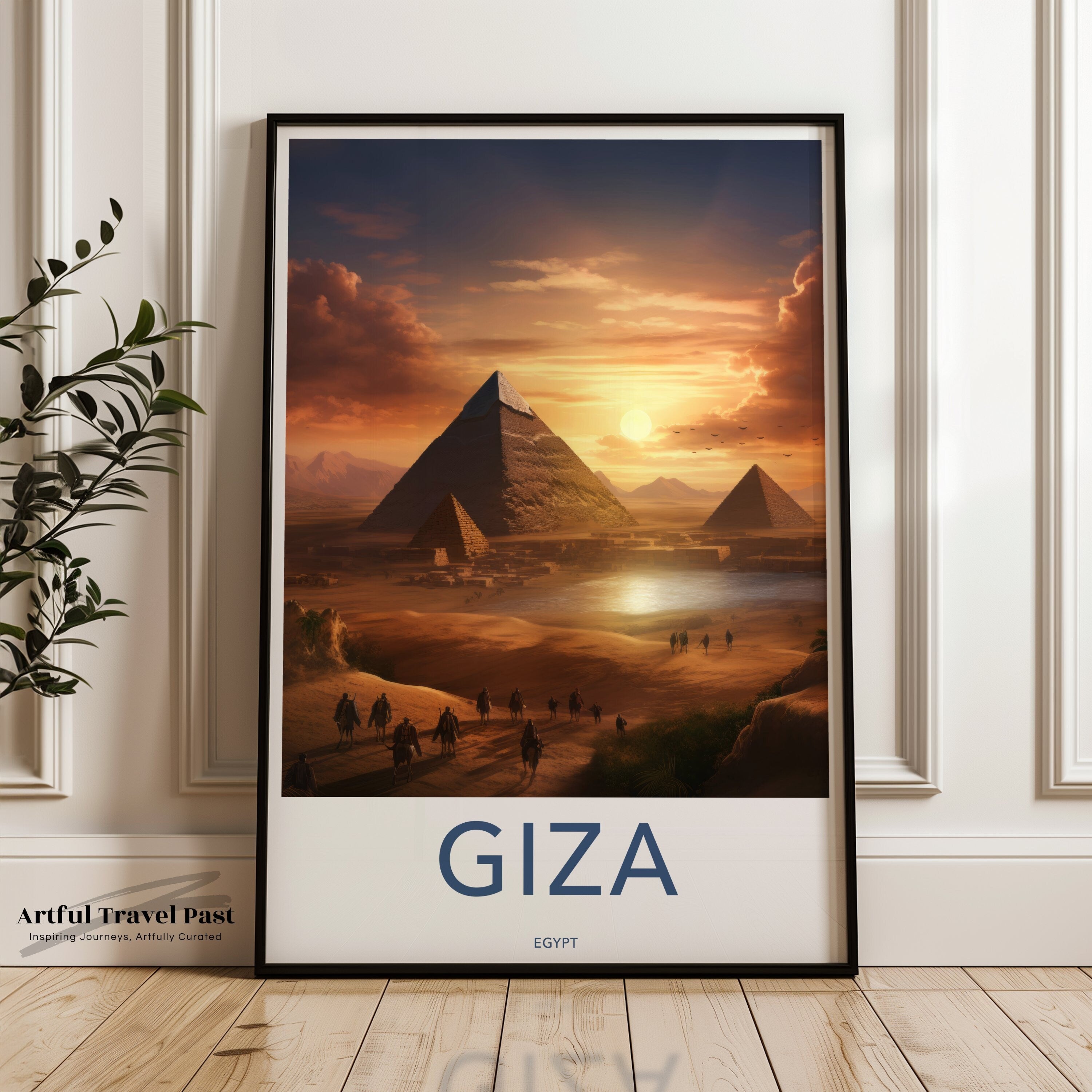 Giza Egypt Framed Poster, Pyramids at Sunset Wall Art, Ancient Pyramids Home Decor, Historical Giza Landscape Print