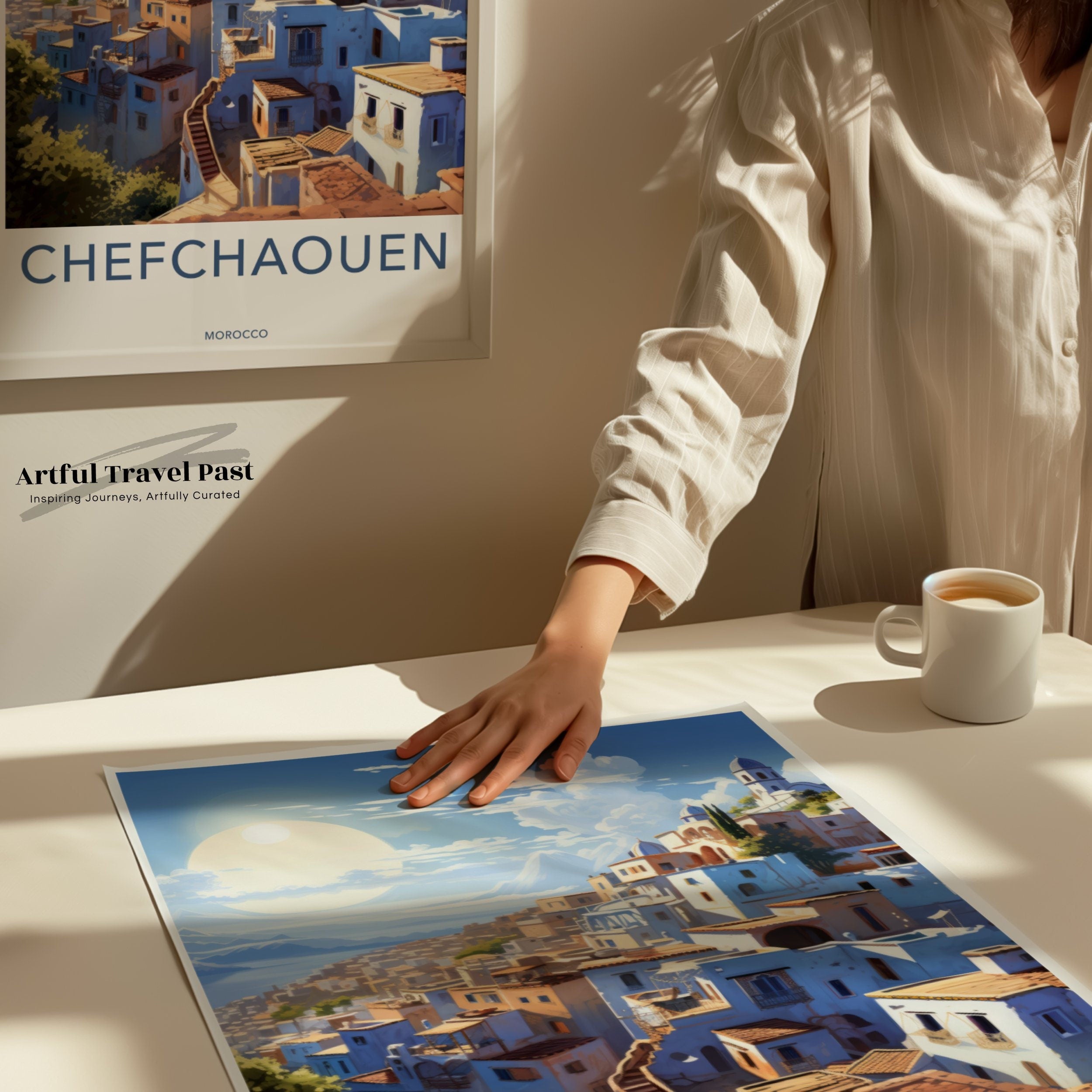 Chefchaouen Framed Poster, Blue City Wall Art, Moroccan Cityscape, Vibrant Urban Landscape, Mediterranean Decor